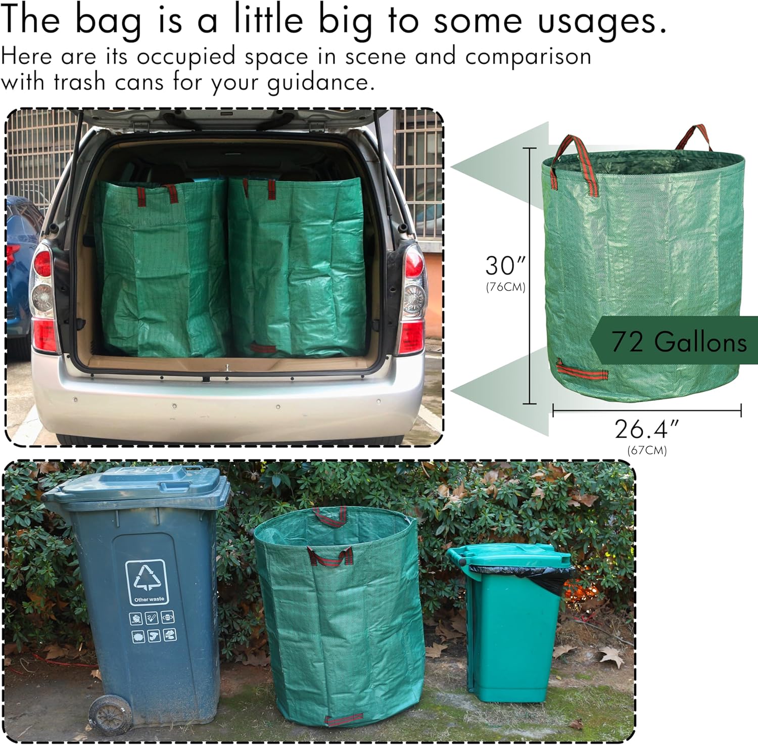 3-Pack 72 Gallon Yard Waste Bags, Reusable Heavy Duty Collapsible Garden Leaf Bags with Plastic Ring, Stand-Up Yard Waste Bin for Leaves, Lawn Debris & Grass Clippings