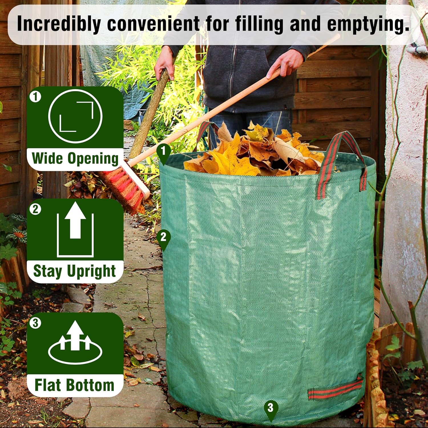 3-Pack 72 Gallon Yard Waste Bags, Reusable Heavy Duty Collapsible Garden Leaf Bags with Plastic Ring, Stand-Up Yard Waste Bin for Leaves, Lawn Debris & Grass Clippings