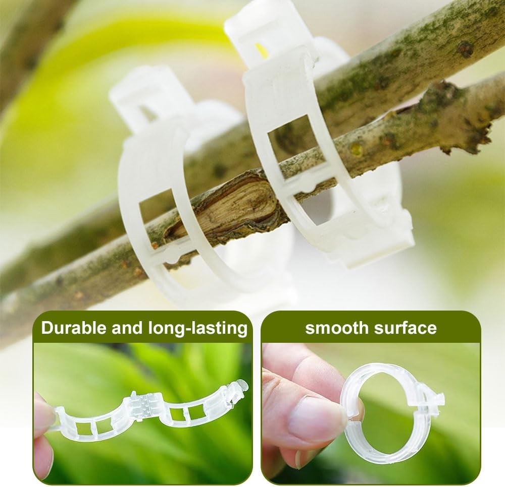 Secured Plastic Plant Clip - 100 Pcs, Garden Support Clips for Climbing Vines - Reusable, White