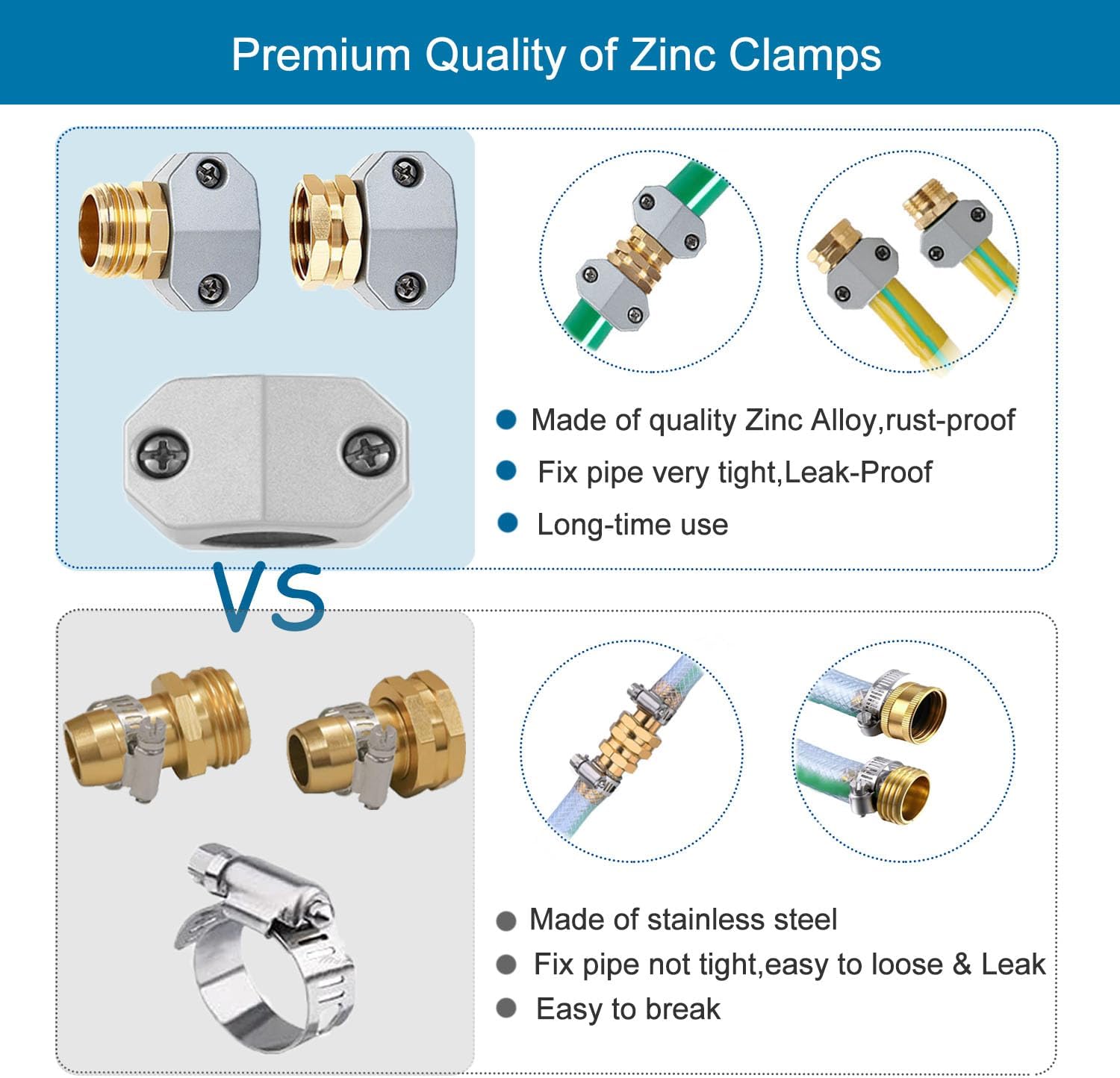 (4 Sets) Garden Hose Repair Connector Fitting, Aluminum Female and Male With Zinc Clamp Water Hose End Repair Connector Fit 3/4 Inch or 5/8 Inch Garden Hose