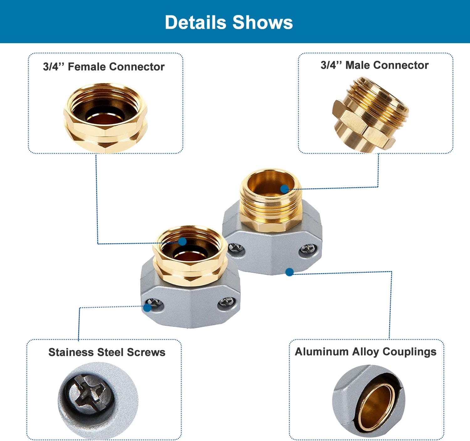 (4 Sets) Garden Hose Repair Connector Fitting, Aluminum Female and Male With Zinc Clamp Water Hose End Repair Connector Fit 3/4 Inch or 5/8 Inch Garden Hose