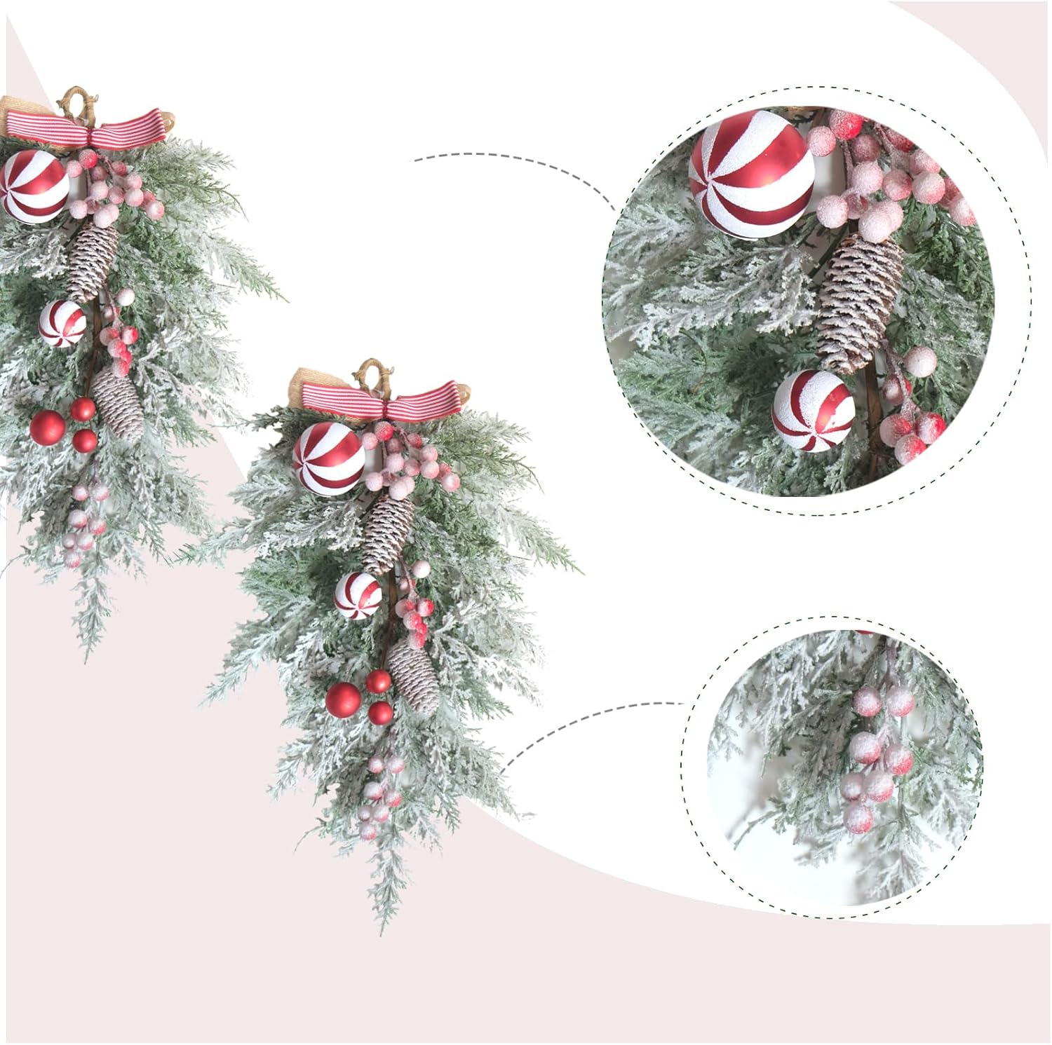 2 PCS 20” Christmas Candy Cane Frosted Pine Needle Teardrop Swag Wreath for Front Door, Xmas Swag with Red White Balls and Berries for Indoor Outdoor, Christmas Window Mailbox Decor Teardrop