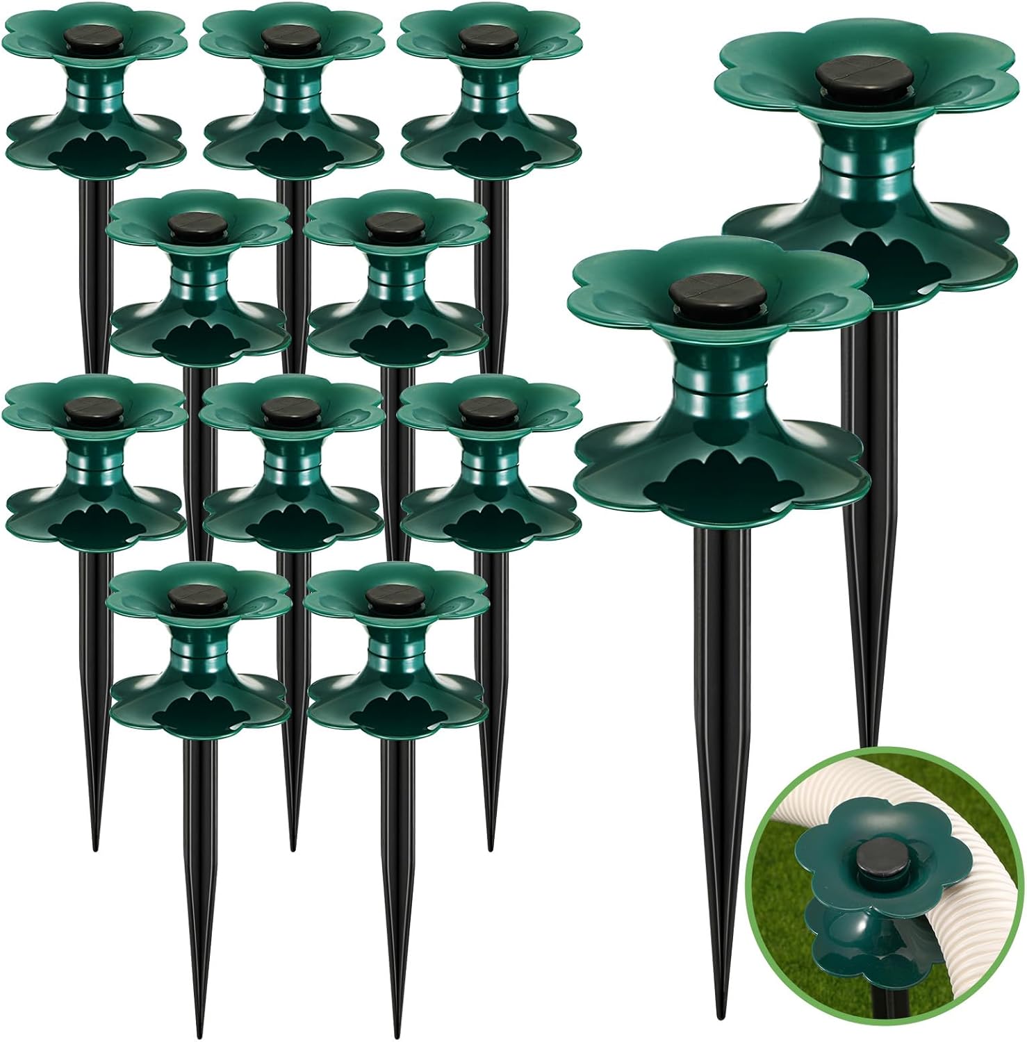 12 Packs 9.84 Inch Garden Hose Guide Spike, Flower Shaped Water Hose Holder Spike Stand with Stake, Heavy Duty Green, Keeps Garden Hose out of Flower Beds, for Plant Protection