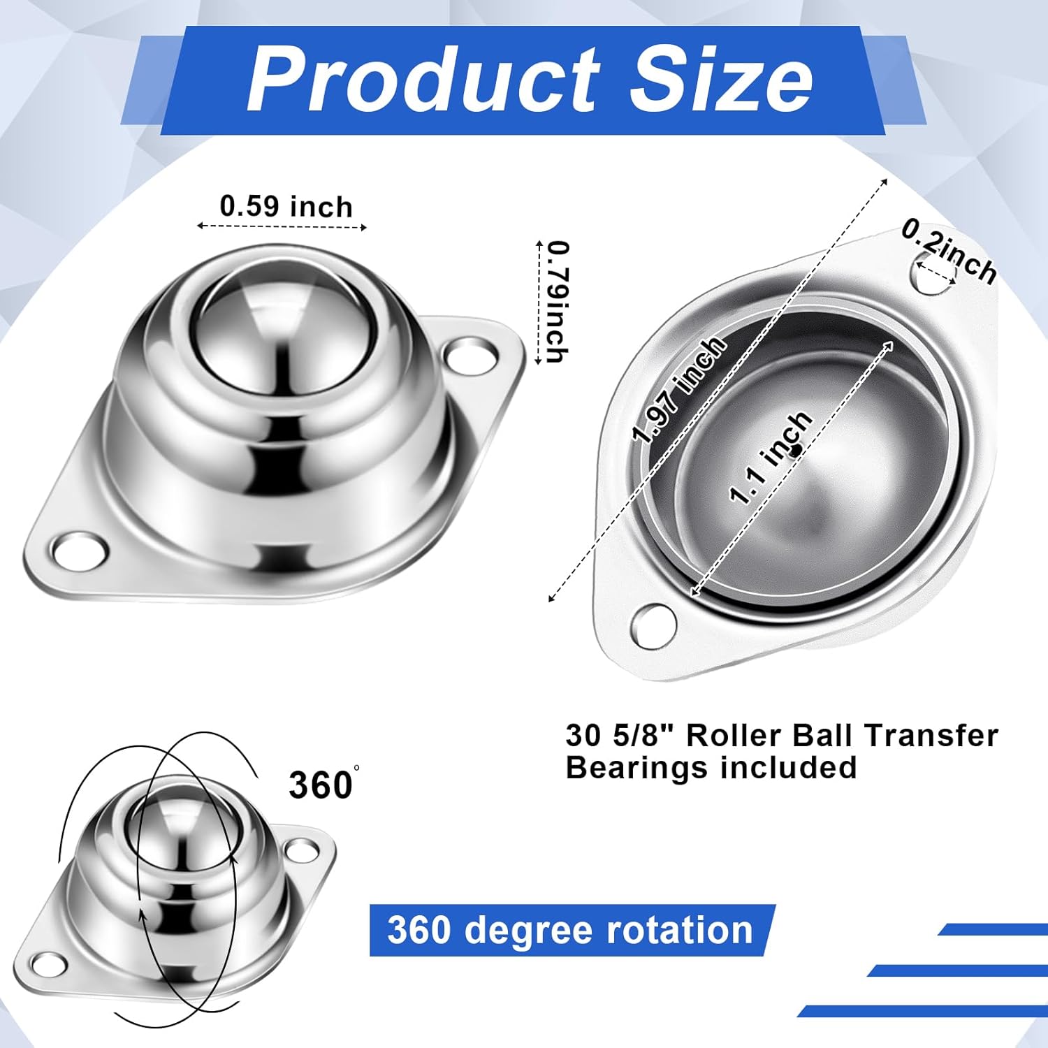 30 Pcs 5/8" Roller Ball Transfer Bearings Carbon Steel Round Ball Bearing Rollers Casters for Conveyor Roller Stand Transmission System Furniture Load Capacity 55 lbs