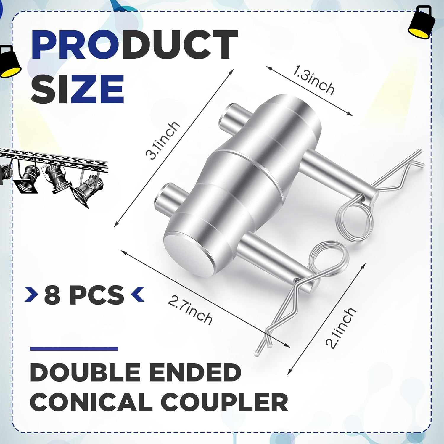 8 Pack Double Ended Conical Coupler with Clips Pin Truss Clamp DJ Stage Lighting Truss Pipe Connector Trusses Parts Stage Lighting Accessories Fit F34 F33 Pipe 50mm