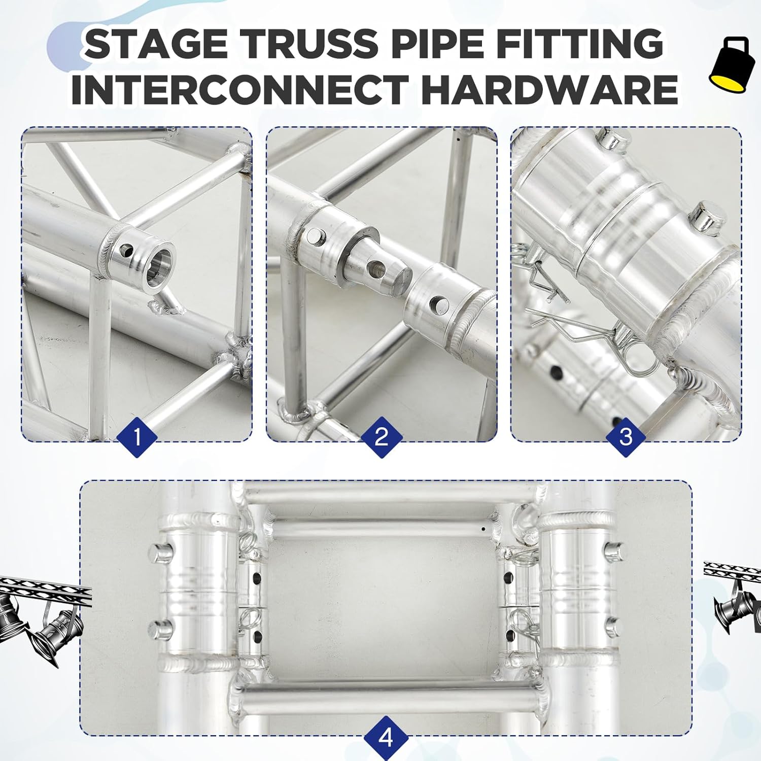 8 Pack Double Ended Conical Coupler with Clips Pin Truss Clamp DJ Stage Lighting Truss Pipe Connector Trusses Parts Stage Lighting Accessories Fit F34 F33 Pipe 50mm
