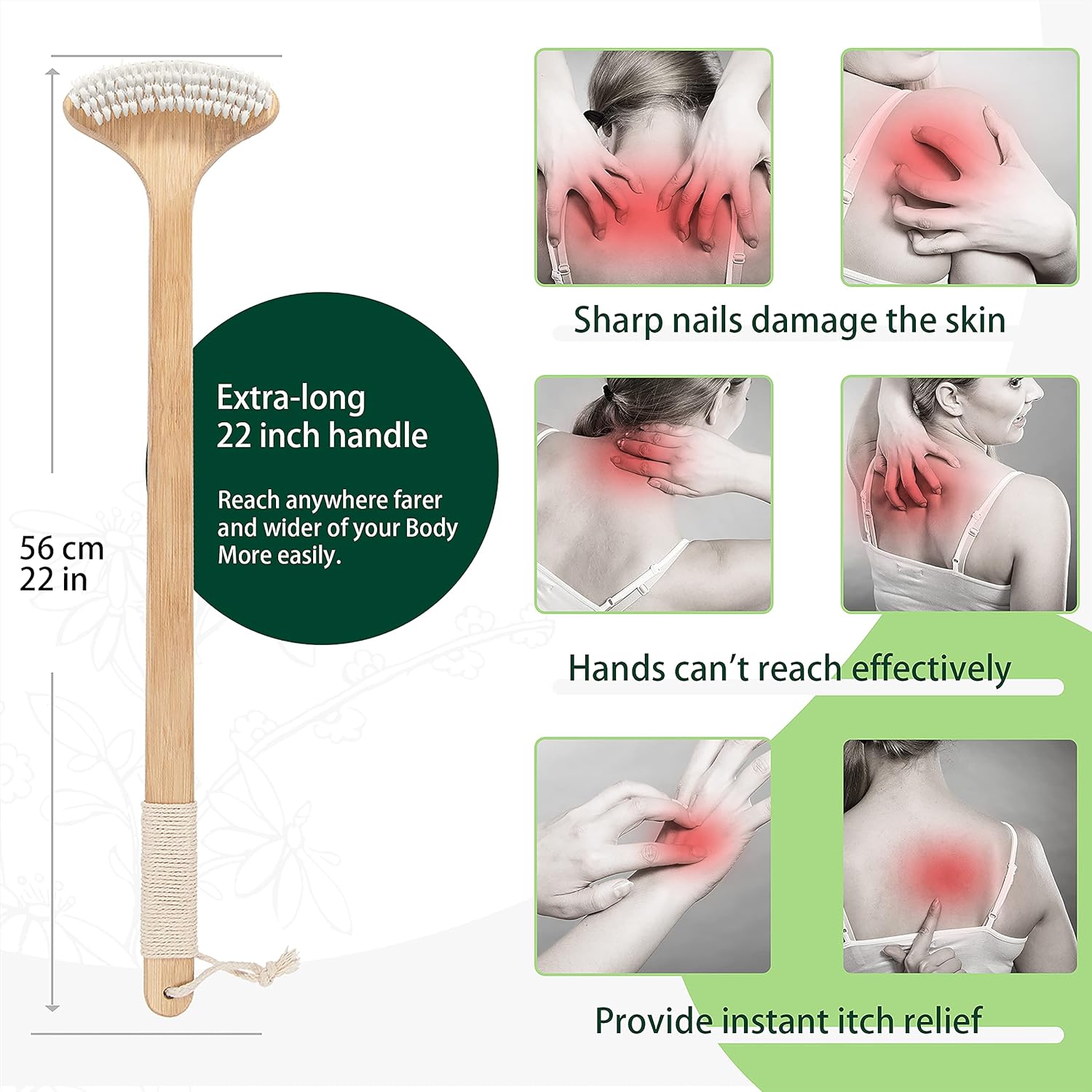 Bamboo Back Scratcher, 22'' Extra Long Curved Handle Reach Back Easily, Wide Brush Head Soft Bristles for Instant Itch Relief, Wet or Dry Use for Shower, Easy to Grip for Men/Women/Elderly