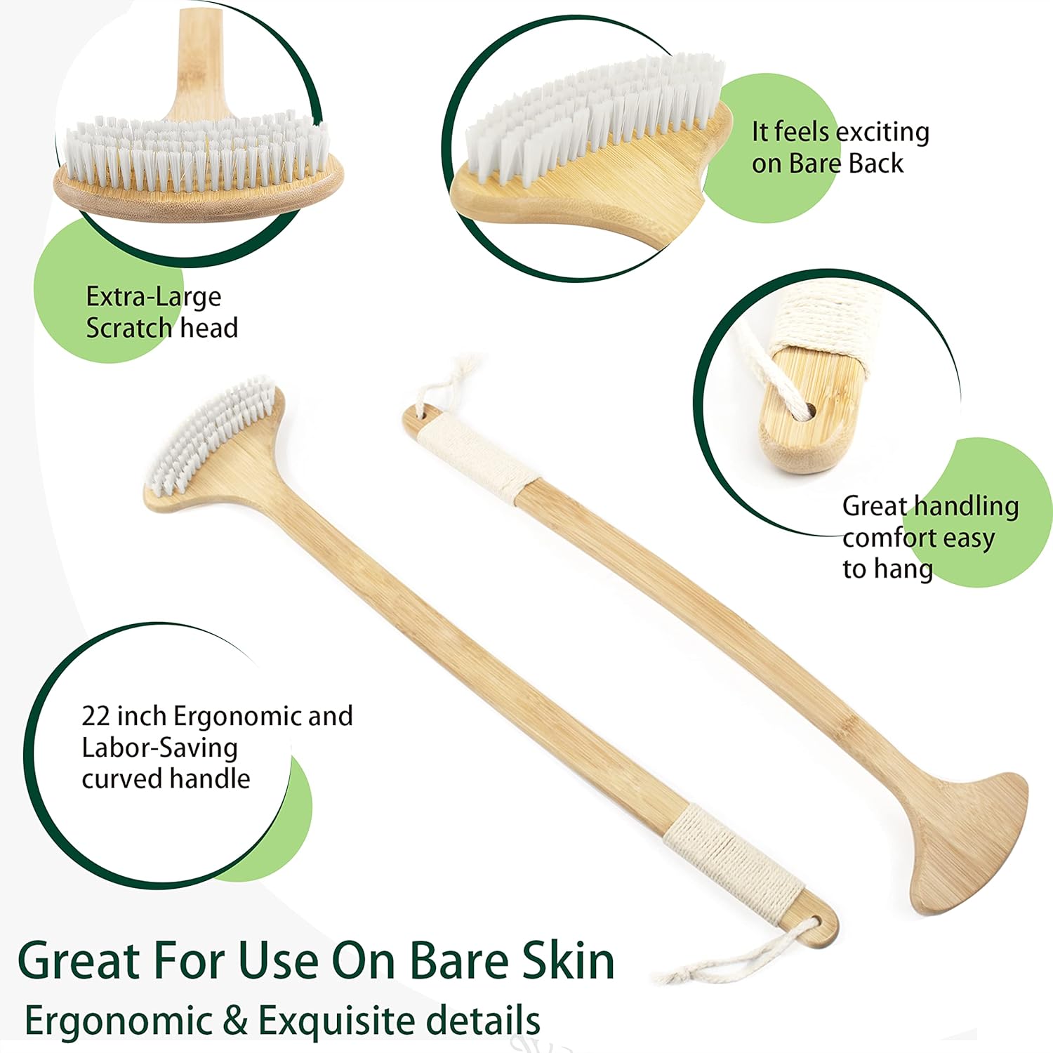 Bamboo Back Scratcher, 22'' Extra Long Curved Handle Reach Back Easily, Wide Brush Head Soft Bristles for Instant Itch Relief, Wet or Dry Use for Shower, Easy to Grip for Men/Women/Elderly