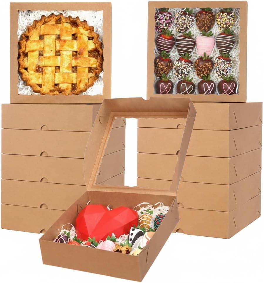 25 Pack 10x10x2.5 Inches Brown Window Bakery Boxes Pie Boxes - Pie, Cookies & Christmas Treats chocolate covered strawberries Heart hot chocolate bomb