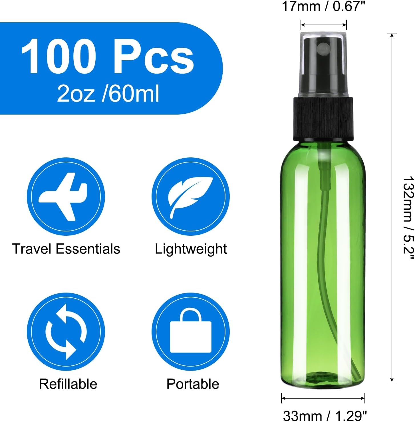 100Pack Spray Bottles, 2Oz/60ML Reusable Clear Empty Mist Plastic Mini Travel Bottle Set,Small Refillable Liquid Containers for Household Use, Essential Oil, Cleaning (Green Black)