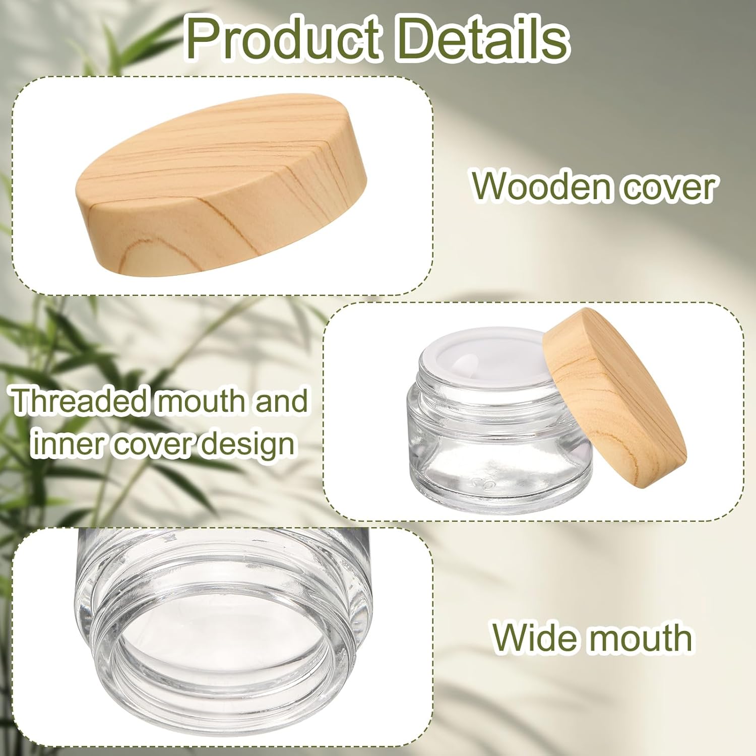1 Set Round Glass Jars with Wood Lids, 1oz/30g Refillable Cosmetic Containers Glass Makeup Containers for Sample, Cream, Lotion, Powder Clear