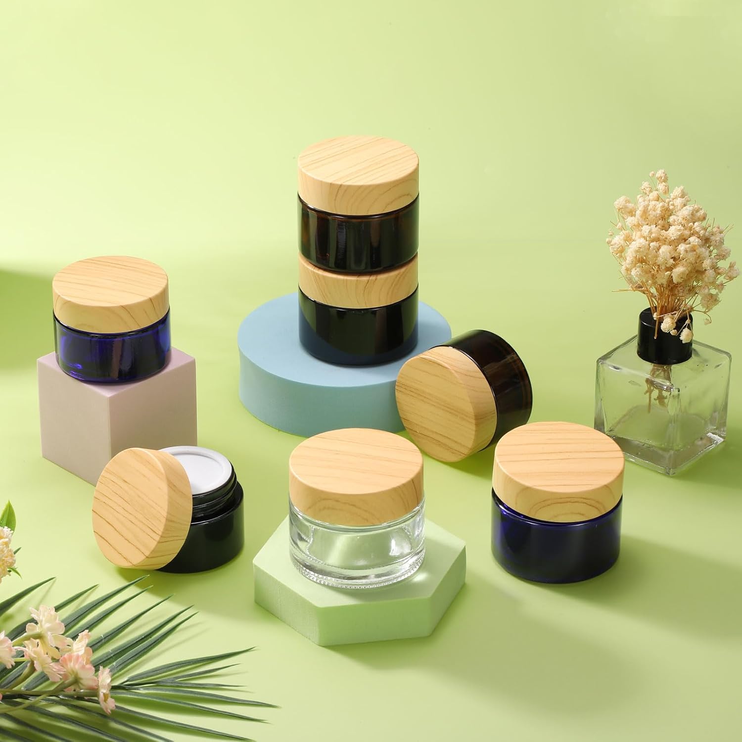 1 Set Round Glass Jars with Wood Lids, 1oz/30g Refillable Cosmetic Containers Glass Makeup Containers for Sample, Cream, Lotion, Powder Clear
