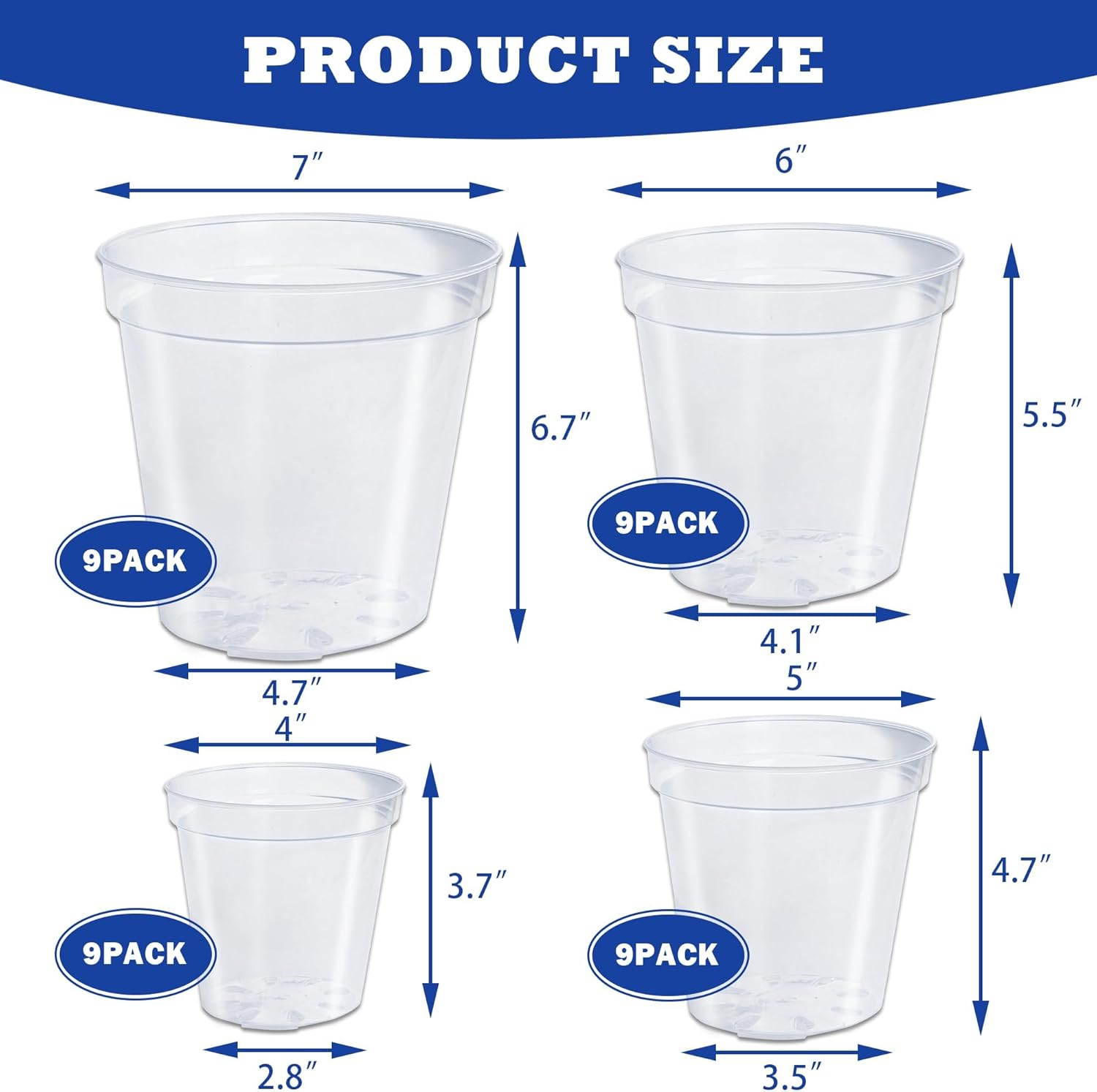 36 Pack 4/5/6/7 Inch Clear Nursery Pots for Plants, Plant Pots with Drainage Holes, Transparent Seedling Pots for Seed Starters Planter Flower