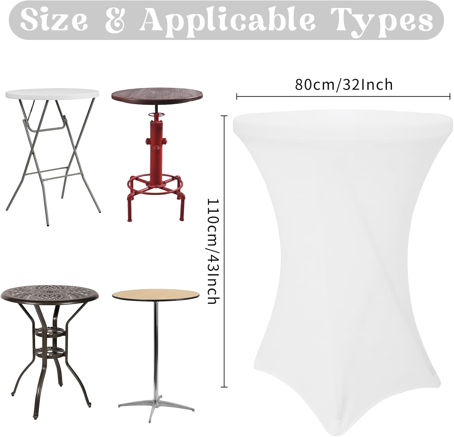 8 Pack Cocktail Table Covers 32x43 Inch Fitted Stretch Spandex Square Corners White Table Cover High Top Cocktail Round Tablecloth for Party, Wedding, Birthday, Banquet(White)