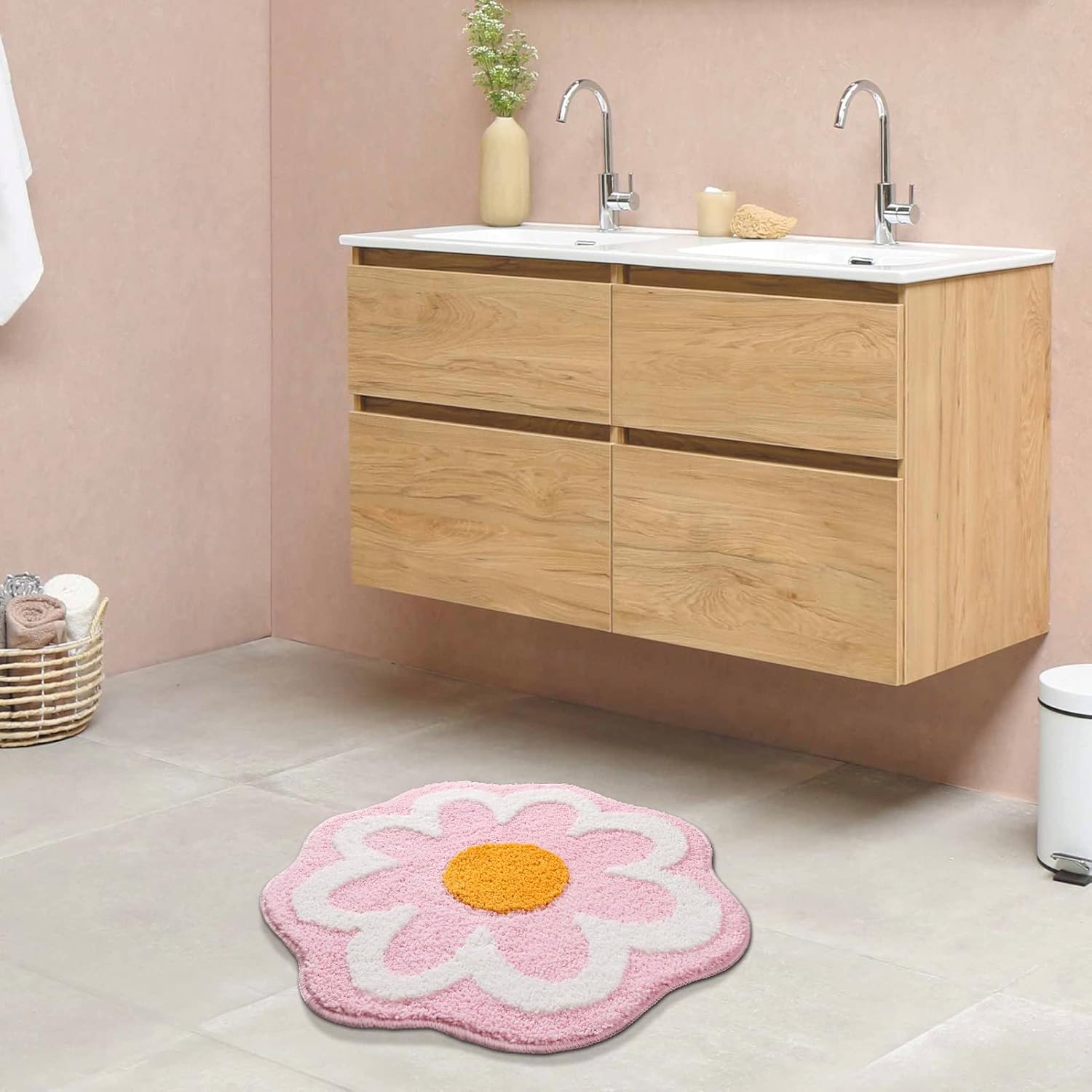 Cute Pink Flower Bath Mat, Machine Washable Bath Rug, Ultra Soft and Fluffy Bathroom Mat, Small Round Non-Slip Water Absorbent Bath Mats for Bathroom Floor, Shower Room and Bathtub