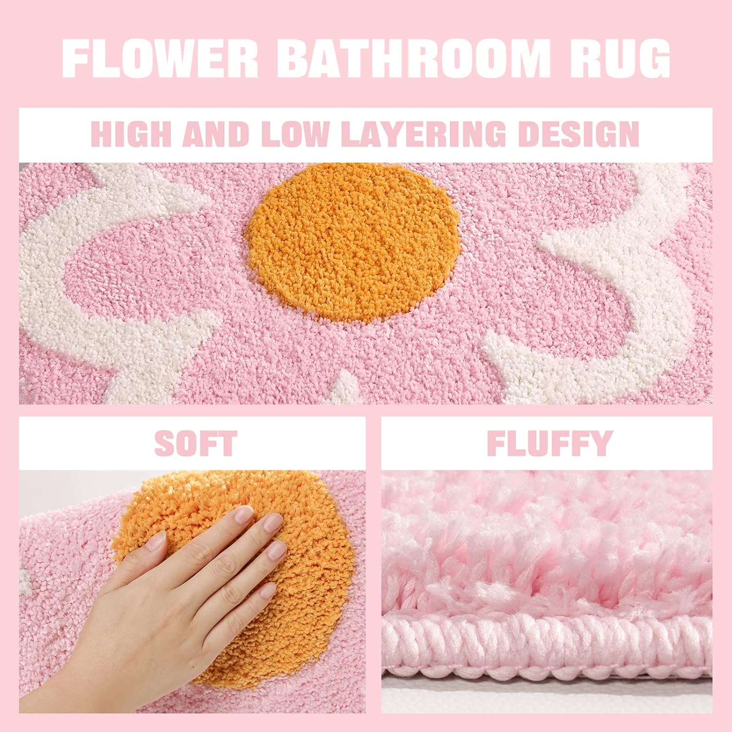 Cute Pink Flower Bath Mat, Machine Washable Bath Rug, Ultra Soft and Fluffy Bathroom Mat, Small Round Non-Slip Water Absorbent Bath Mats for Bathroom Floor, Shower Room and Bathtub