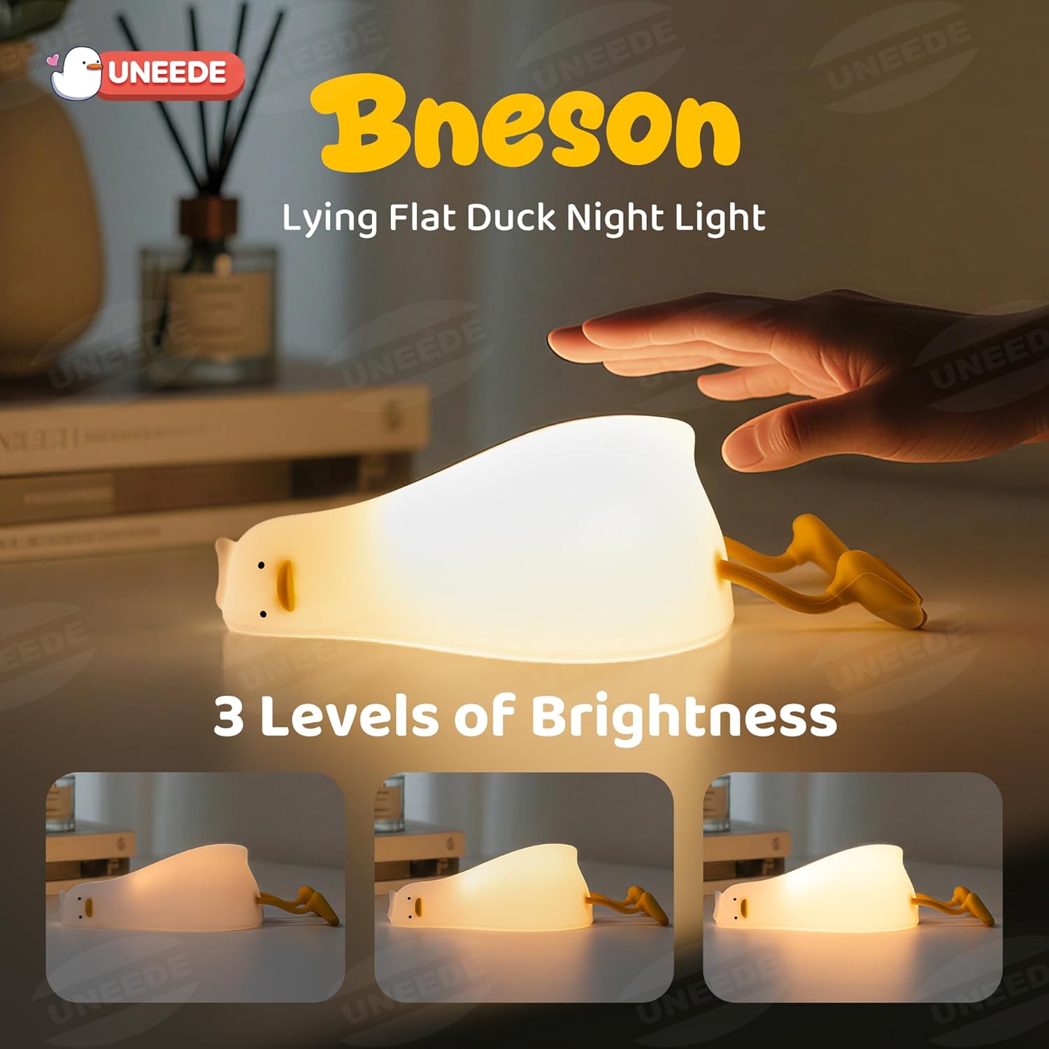 UENEEDE Lying Flat Duck Lamp, 3 Level Dimmable Rechargeable Silicone Night Light, Benson Duck Cute Squishy Touch Sensor Bedside Lamp for Nursery, Breastfeeding, Kids Room Decor