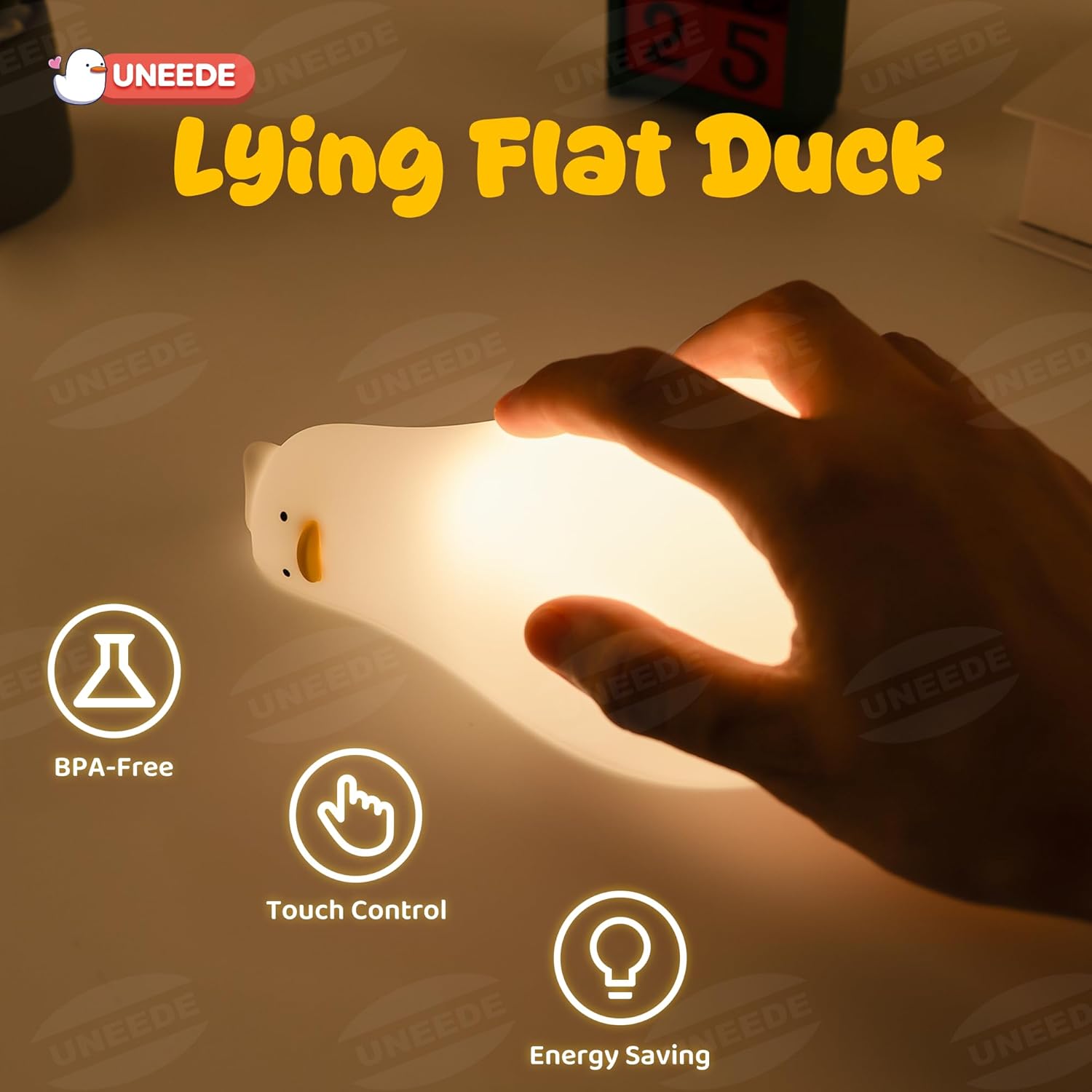 UENEEDE Lying Flat Duck Lamp, 3 Level Dimmable Rechargeable Silicone Night Light, Benson Duck Cute Squishy Touch Sensor Bedside Lamp for Nursery, Breastfeeding, Kids Room Decor