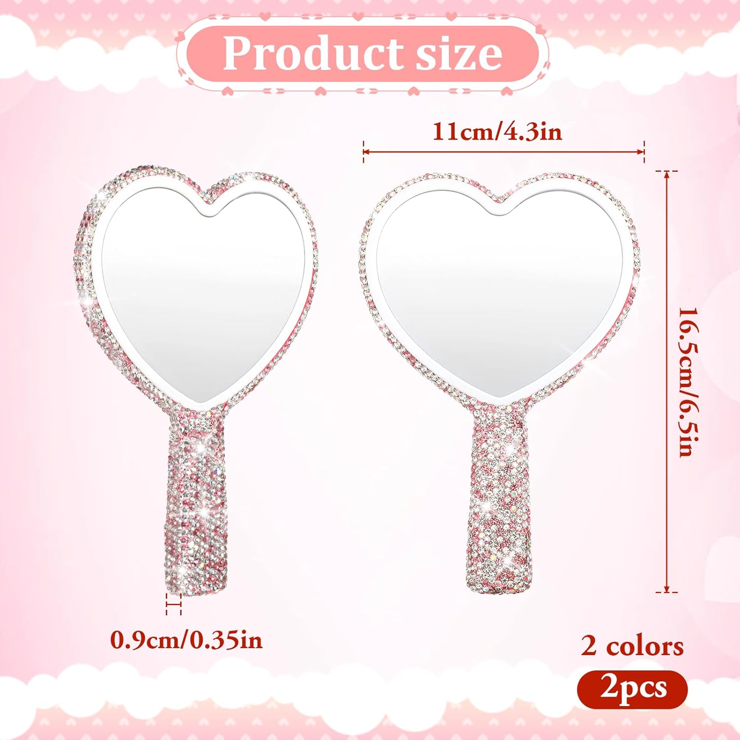 Vin Beauty 2 Pcs Rhinestone Heart Handheld Mirror White and Pink Bling Heart Shape Mirror Portable Cute Handheld Mirrors Travel Makeup Lash Mirrors for Eyelash Extensions Bride Wedding Decorative