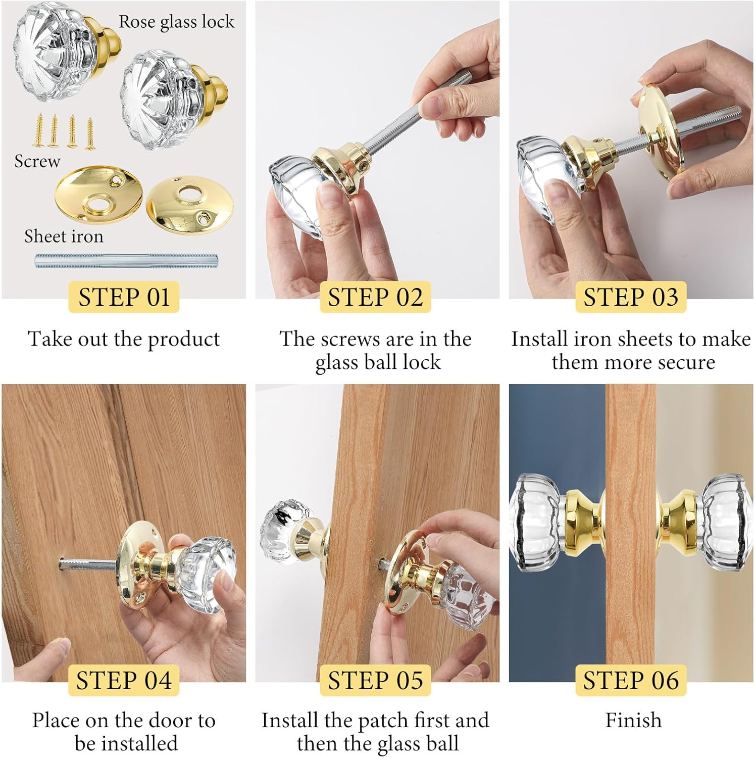 Amylove 1 Set Glass Door Knobs Antique Crystal Door Knobs Vintage Mortise Style Fluted Replacement Kit with 2-1/2 in Satin Brass Privacy for Bedroom Bathroom(Gold)