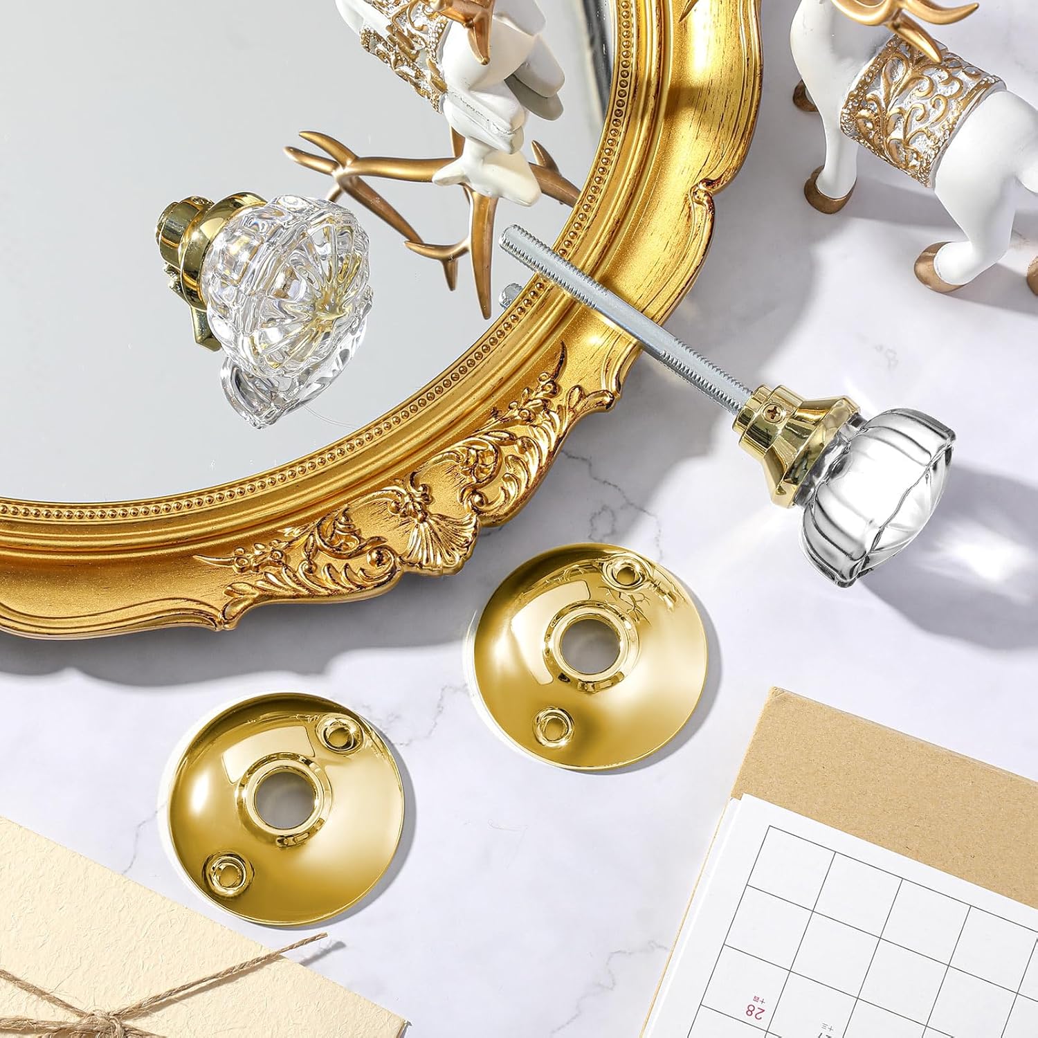 Amylove 1 Set Glass Door Knobs Antique Crystal Door Knobs Vintage Mortise Style Fluted Replacement Kit with 2-1/2 in Satin Brass Privacy for Bedroom Bathroom(Gold)