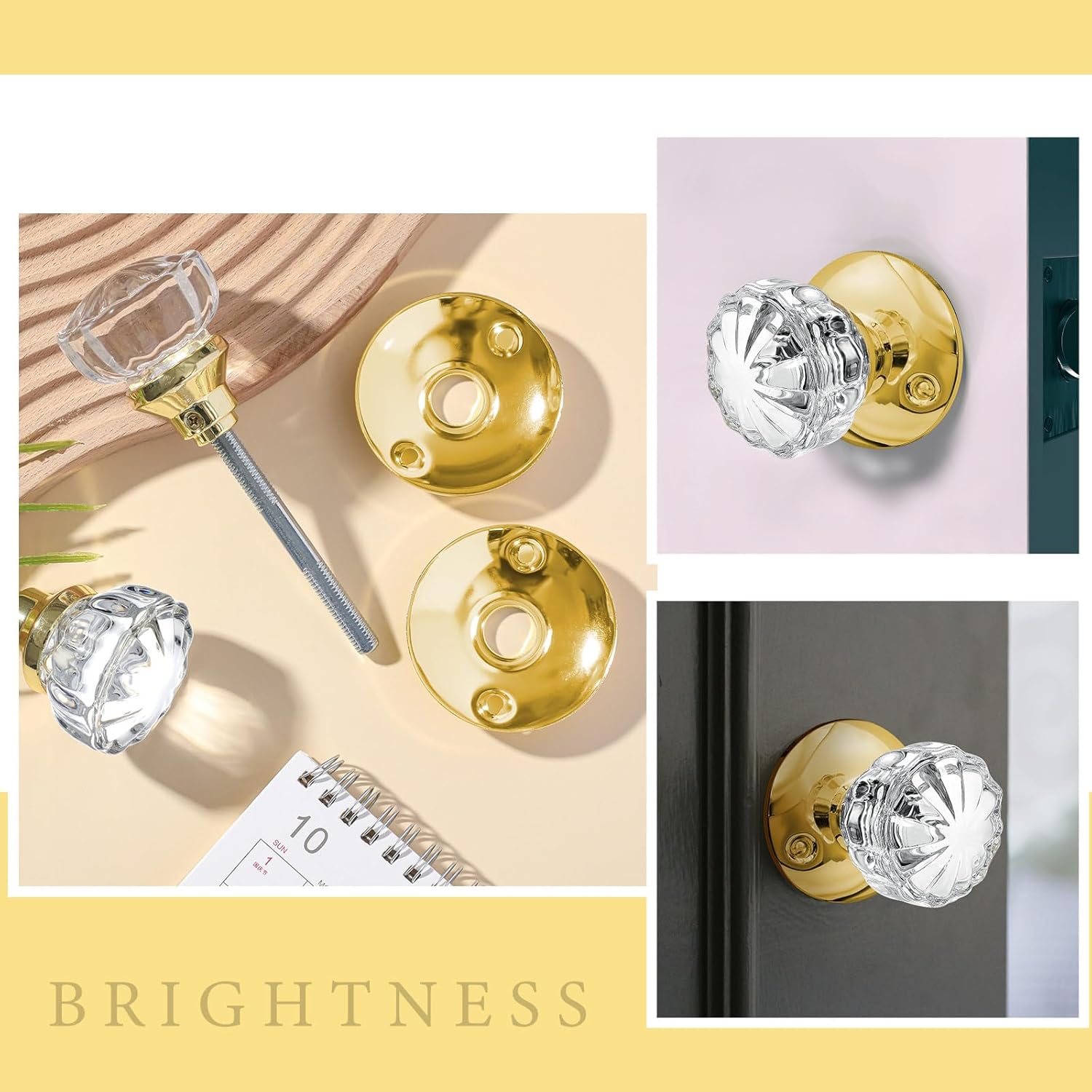 Amylove 1 Set Glass Door Knobs Antique Crystal Door Knobs Vintage Mortise Style Fluted Replacement Kit with 2-1/2 in Satin Brass Privacy for Bedroom Bathroom(Gold)