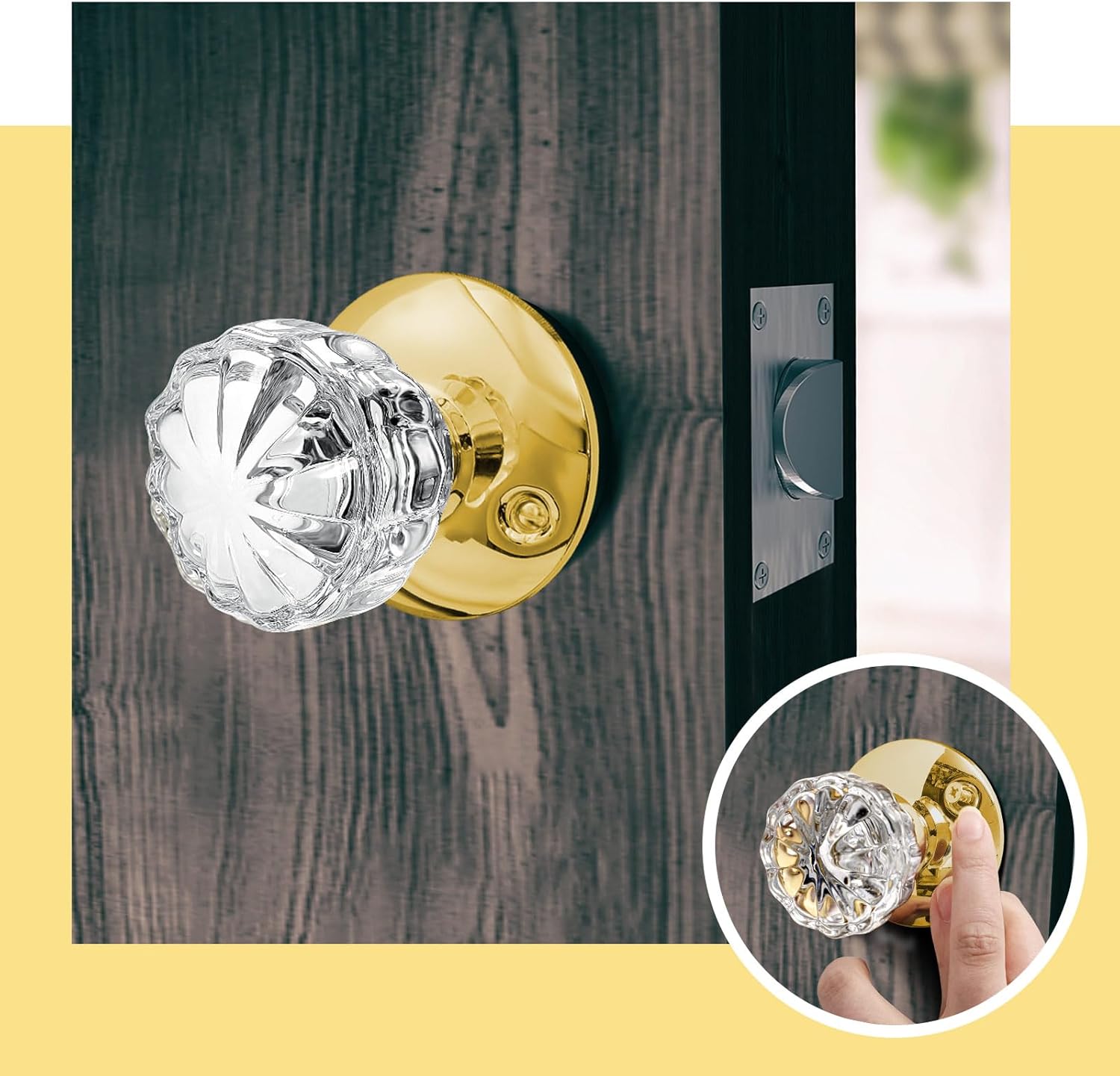 Amylove 1 Set Glass Door Knobs Antique Crystal Door Knobs Vintage Mortise Style Fluted Replacement Kit with 2-1/2 in Satin Brass Privacy for Bedroom Bathroom(Gold)