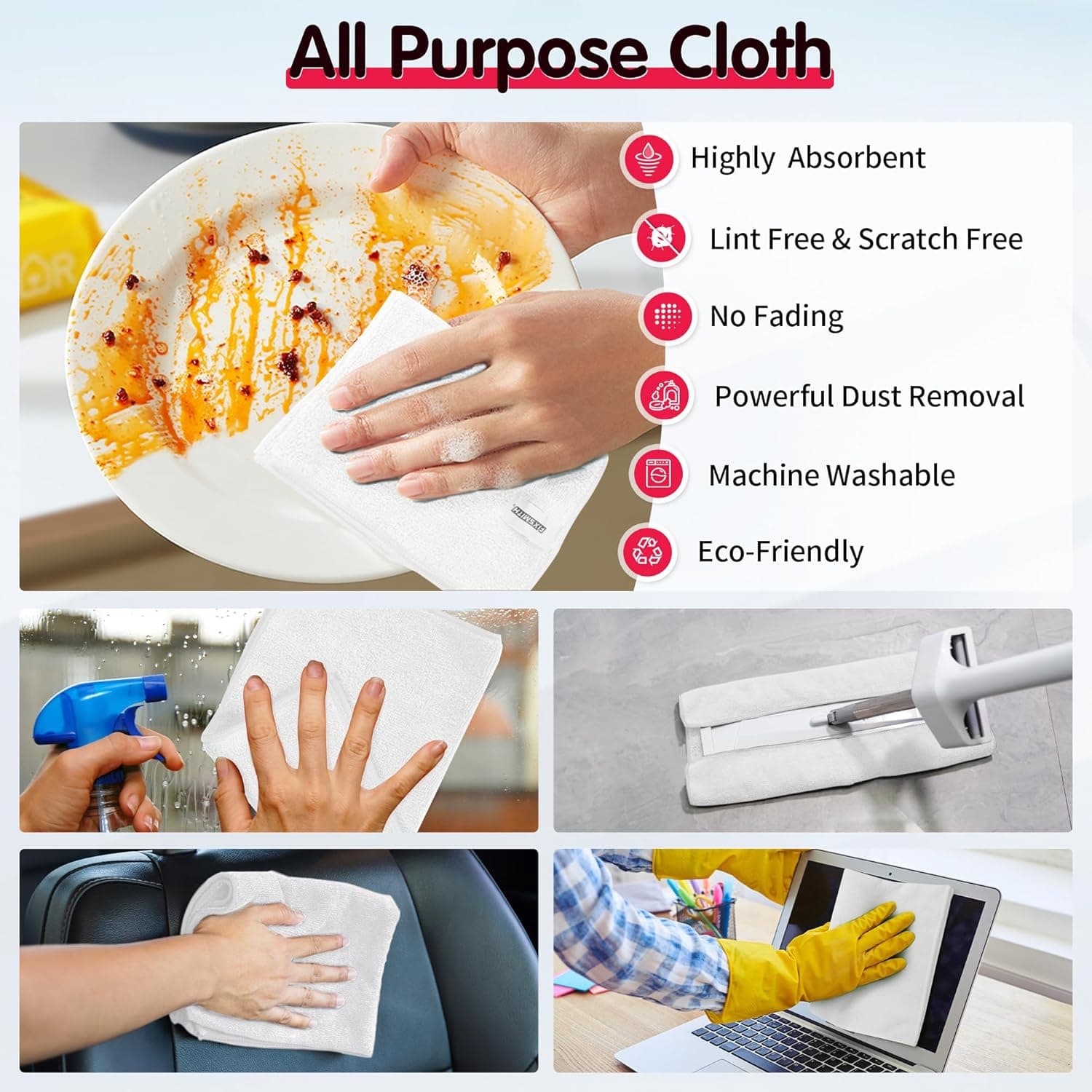 White Microfiber Cleaning Cloth -Pack of 12 Microfiber Cleaning Cloth Bulk, 100 Pack Shop Towels, Lint-Free Car Wash Towels