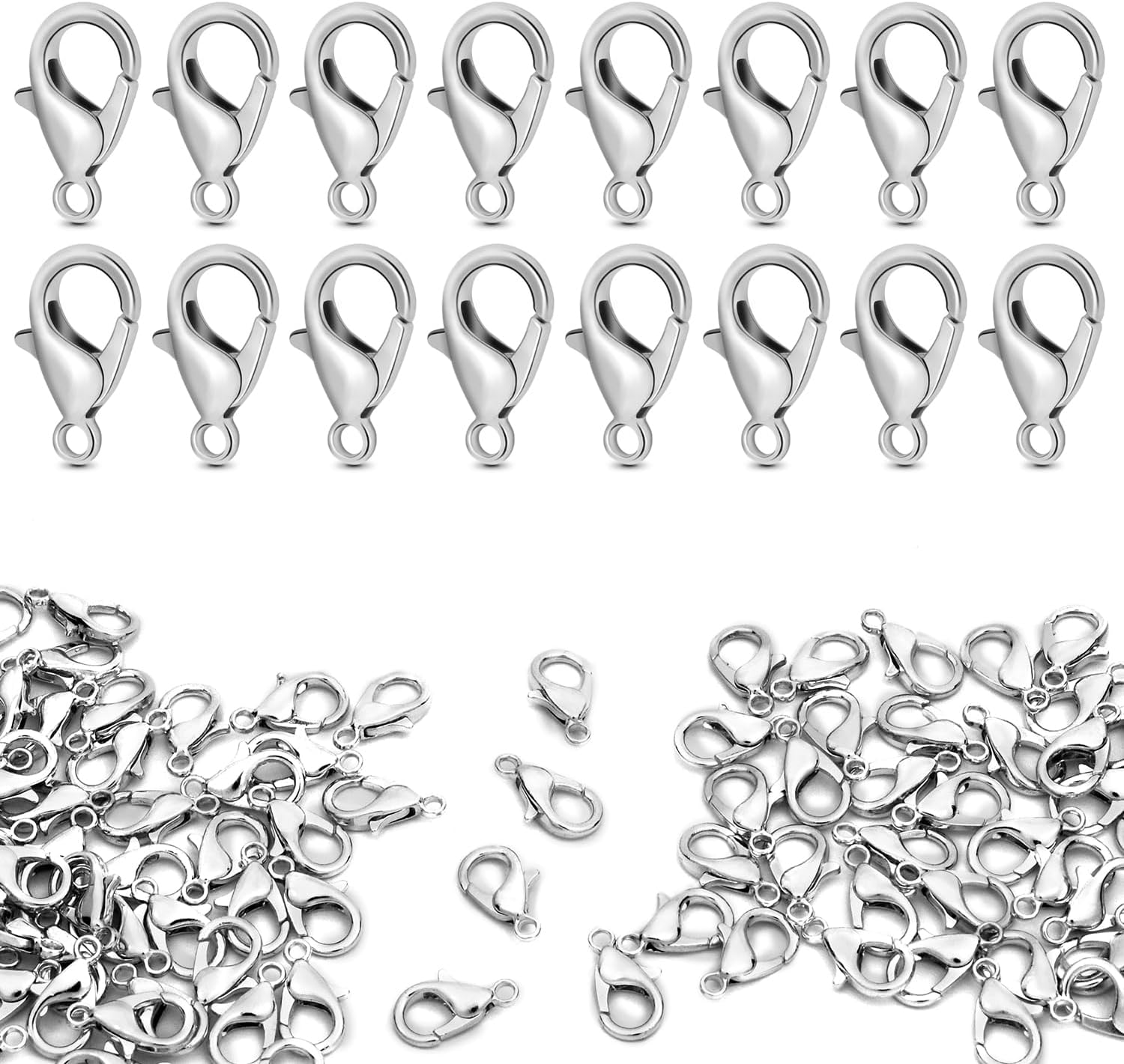 CooBigo 120pcs 12mm Lobster Clasps, Tiny Metal Alloy Lobster Claw Clasps for Necklace Bracelets Clip, Keychain Ring, Jewelry Making Accessories (Silver)