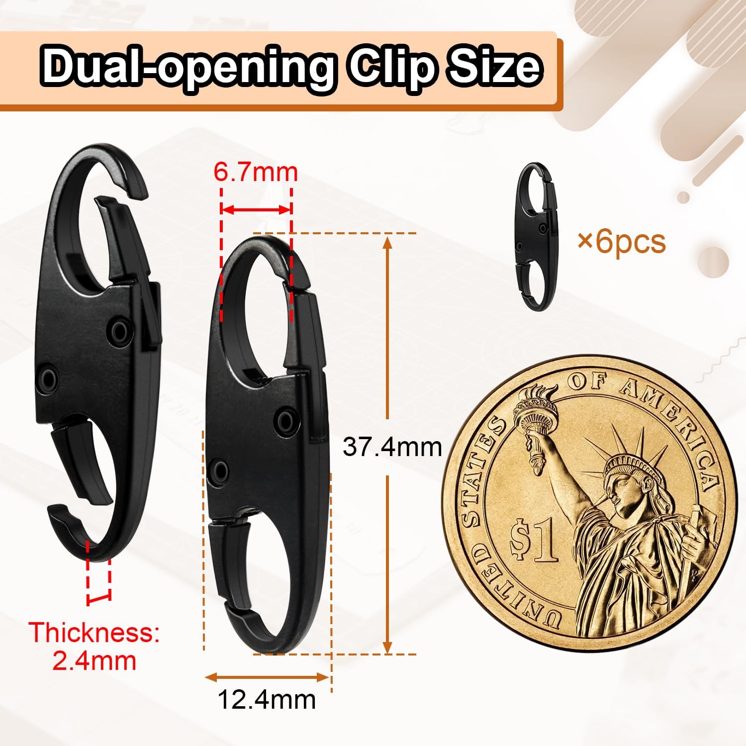 6Pcs Double Opening Lock Zipper Pull Replacement Clips, Small Carabiner Clips, Zipper Locks Anti Theft Deterrent for Bag Luggage Pickpocket Backpack Purse Travel Suitcase (Black)