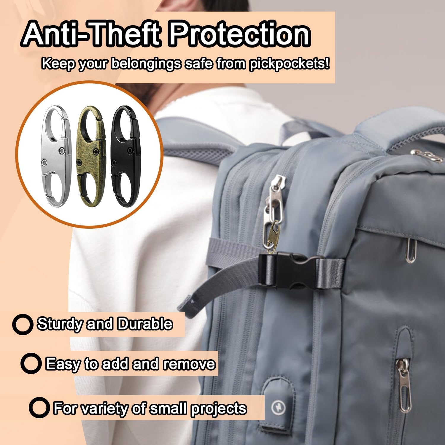 6Pcs Double Opening Lock Zipper Pull Replacement Clips, Small Carabiner Clips, Zipper Locks Anti Theft Deterrent for Bag Luggage Pickpocket Backpack Purse Travel Suitcase (Black)