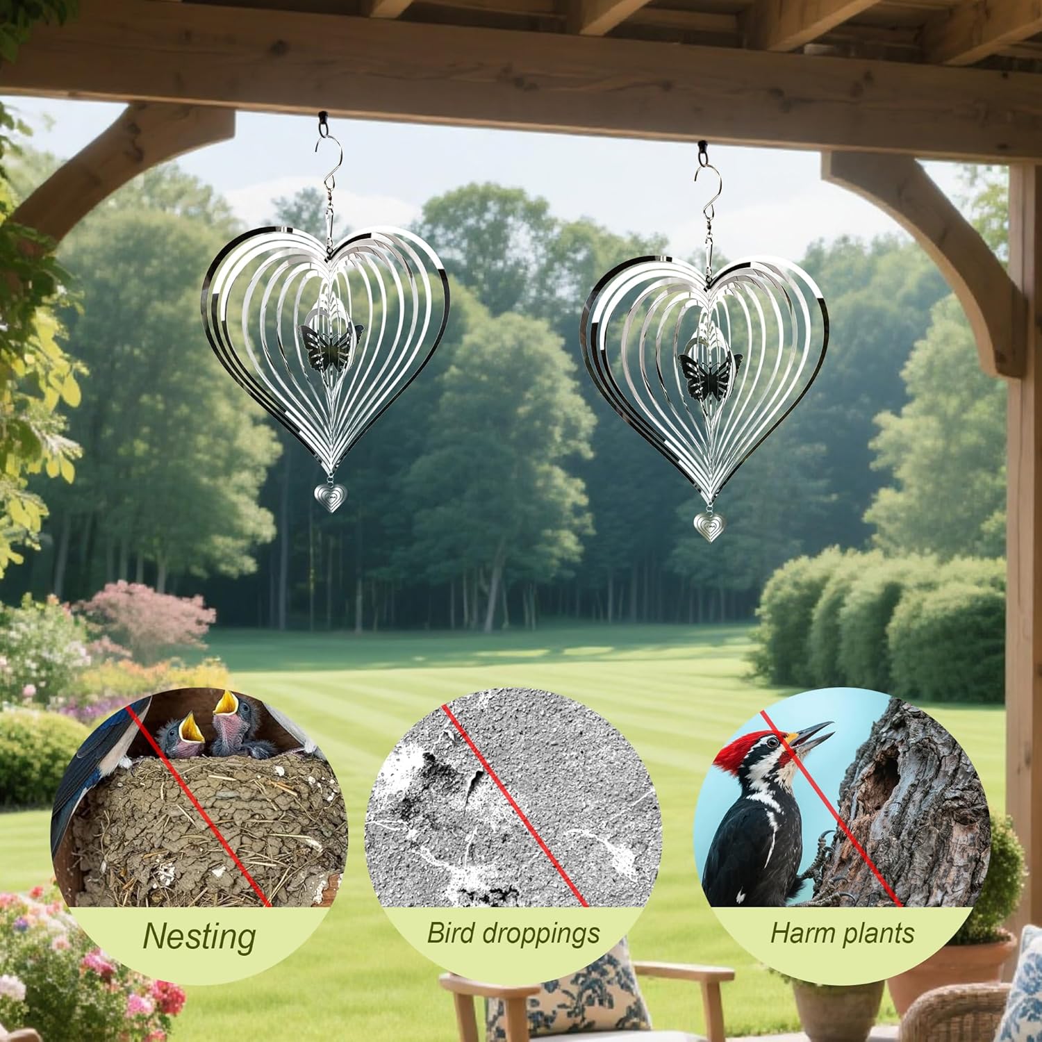 HOOSUN Metal Wind Spinners Outdoor for Yard and Garden Decor,Reflective Bird Deterrents for Outside Windows Patio Porch,Stainless Steel 3D Hanging Heart Butterfly Wind Spinners Gifts for Mom Women