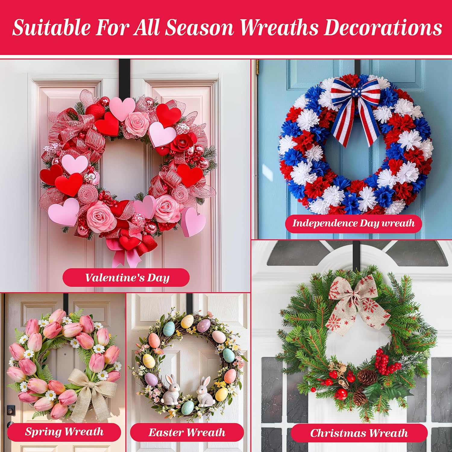 Valentines Wreath Hangers for Front Door,Valentines Day Decorations,12" Wreath Hook Holder,Over The Door Hooks Hanger,Metal Garland Hangers Hook for Patriotic Spring Wreath Porch Spring Decor