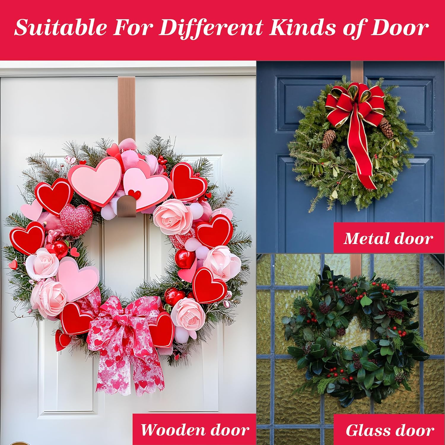 Valentines Wreath Hangers for Front Door,Valentines Day Decorations,12" Wreath Hook Holder,Over The Door Hooks Hanger,Metal Garland Hangers Hook for Patriotic Spring Wreath Porch Spring Decor
