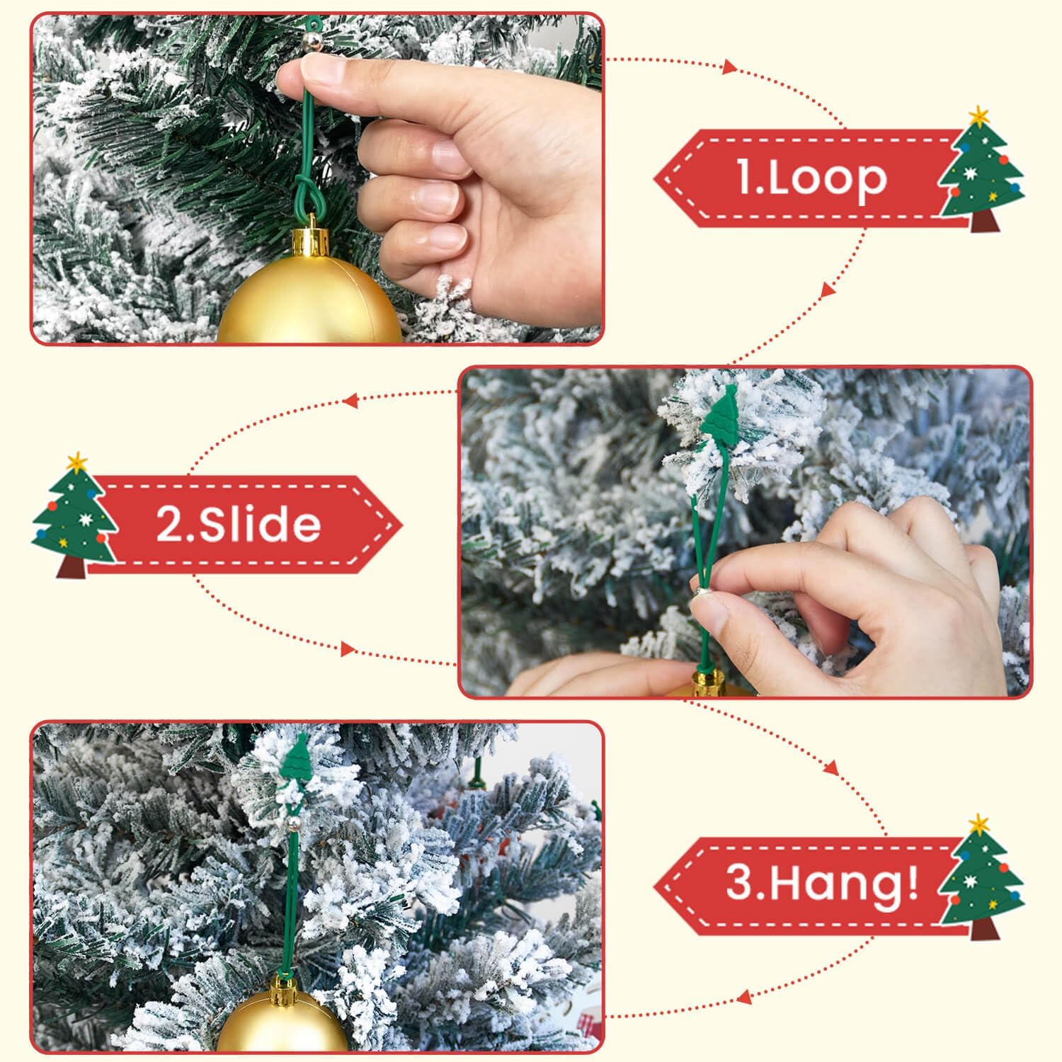 Christmas Ornament Hooks Green Tree Hanger - 20 PCS Reable Silicone Clips, Cable Ties, Cord Organizers for Holiday Decorations Storage, Elastic Stretchable
