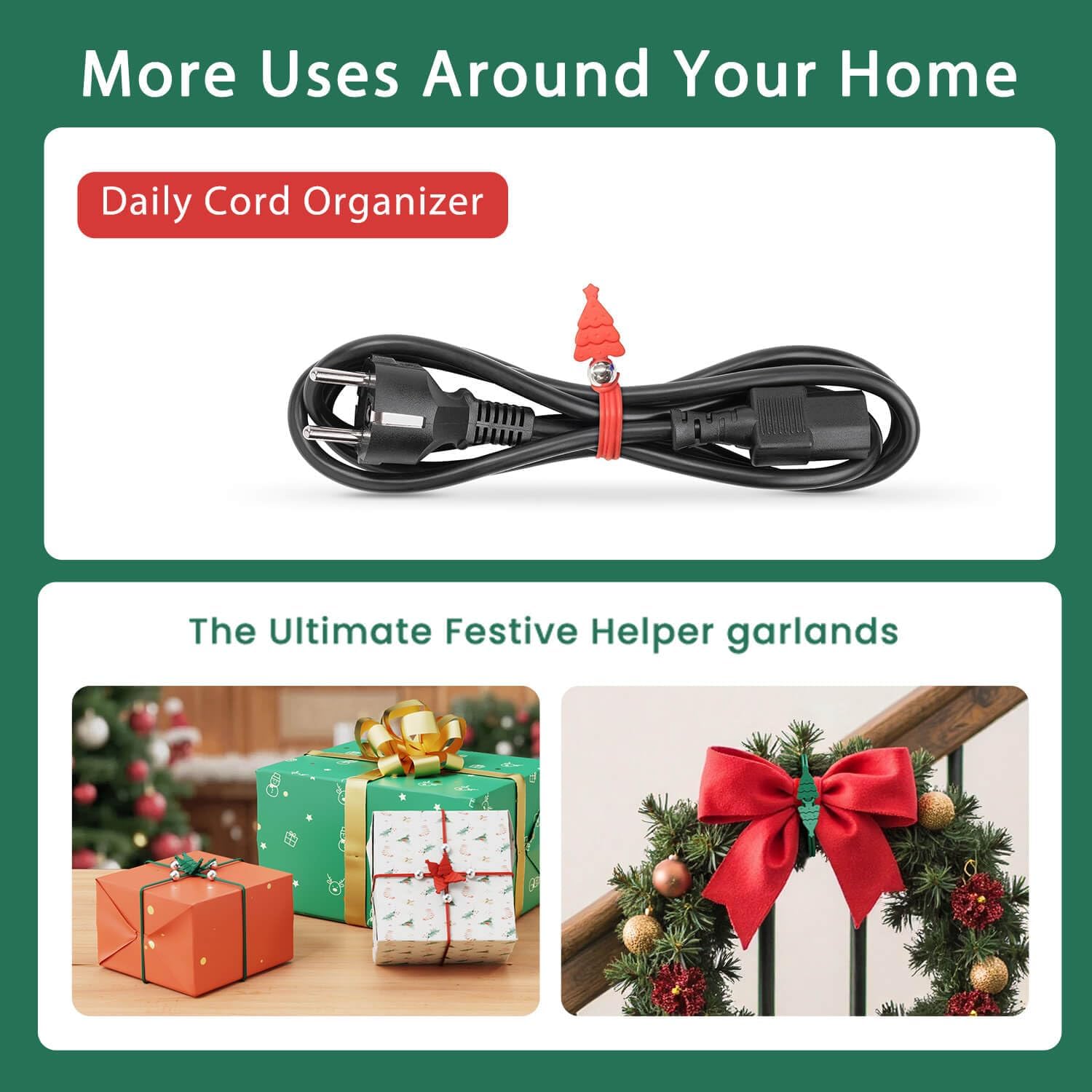 Christmas Ornament Hooks Green Tree Hanger - 20 PCS Reable Silicone Clips, Cable Ties, Cord Organizers for Holiday Decorations Storage, Elastic Stretchable