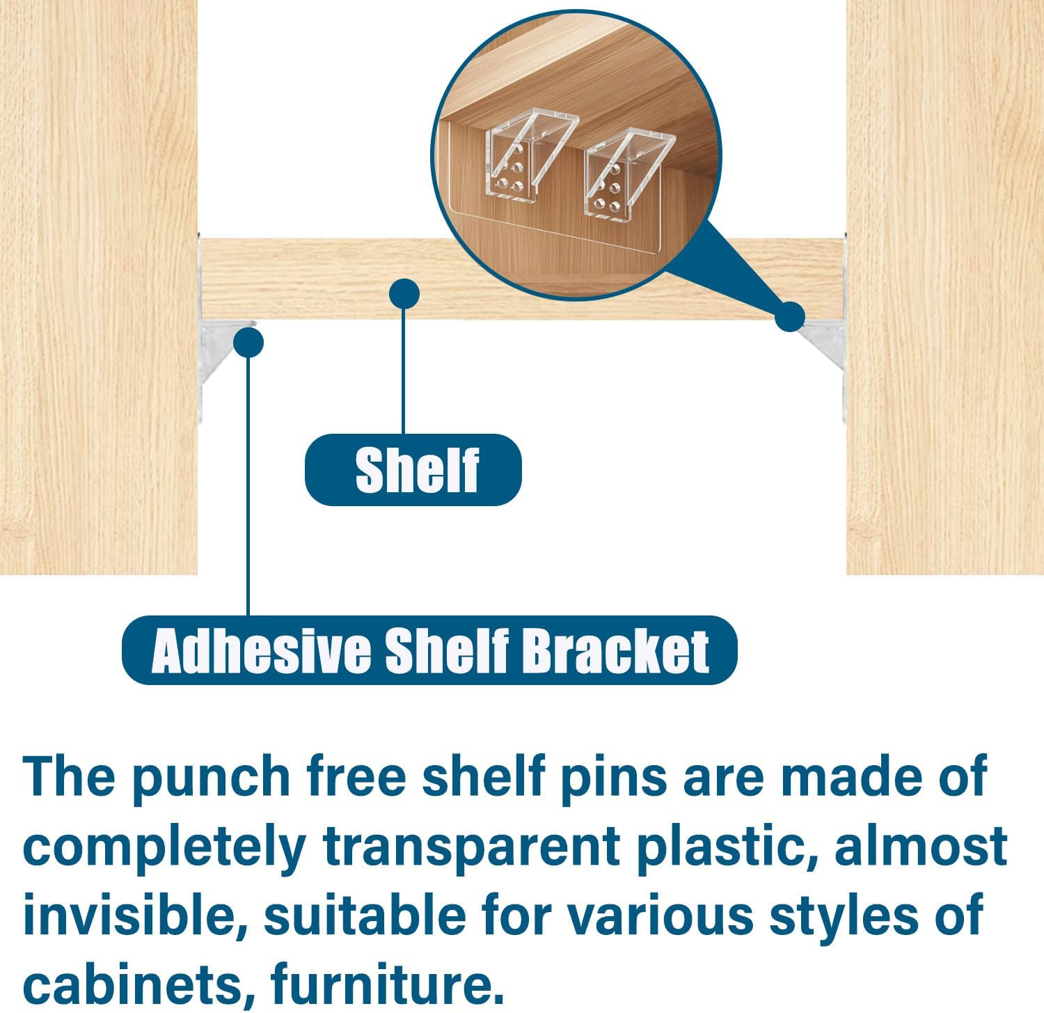 6-Pack Heavy-Duty Adhesive Shelf Brackets, Large Size Double Row Brackets, No-Drill Wall Mount Pegs,Shelf Support Pegs for Kitchen Cabinets, Bookshelves, and Closets