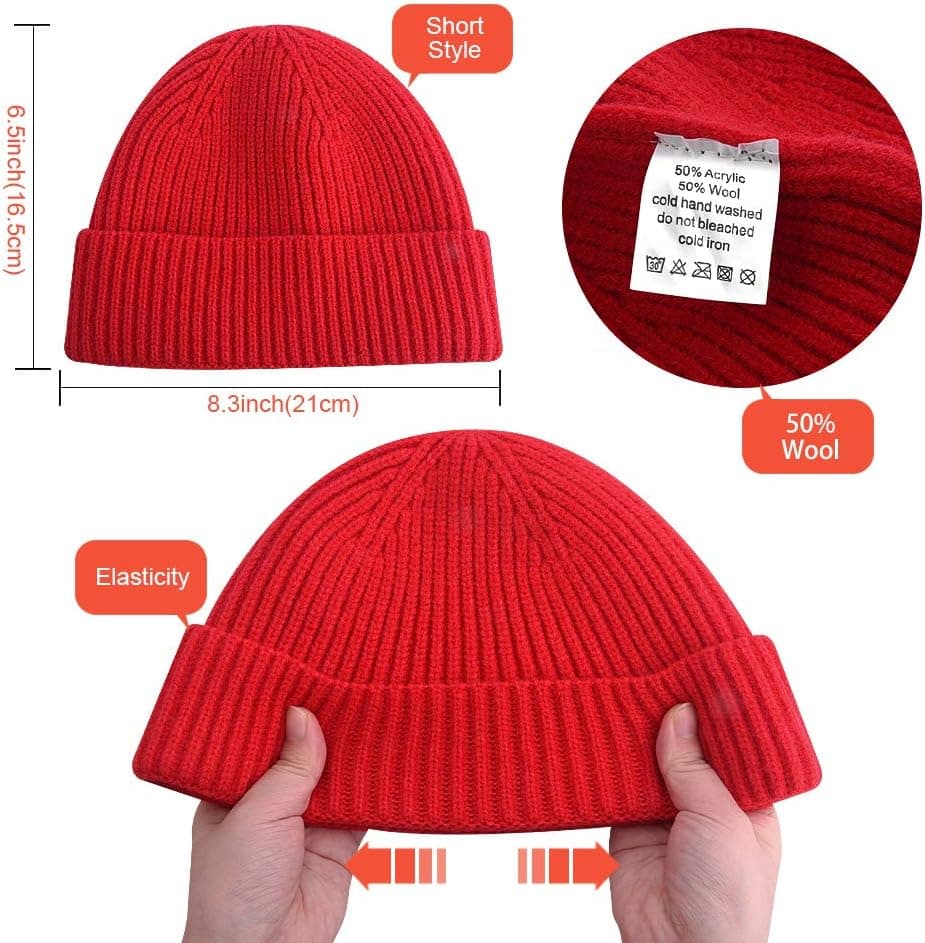 Short Fisherman Beanie for Men Women, Swag Wool Knit Cuff Trawler Skullcap,Winter Warm Hats