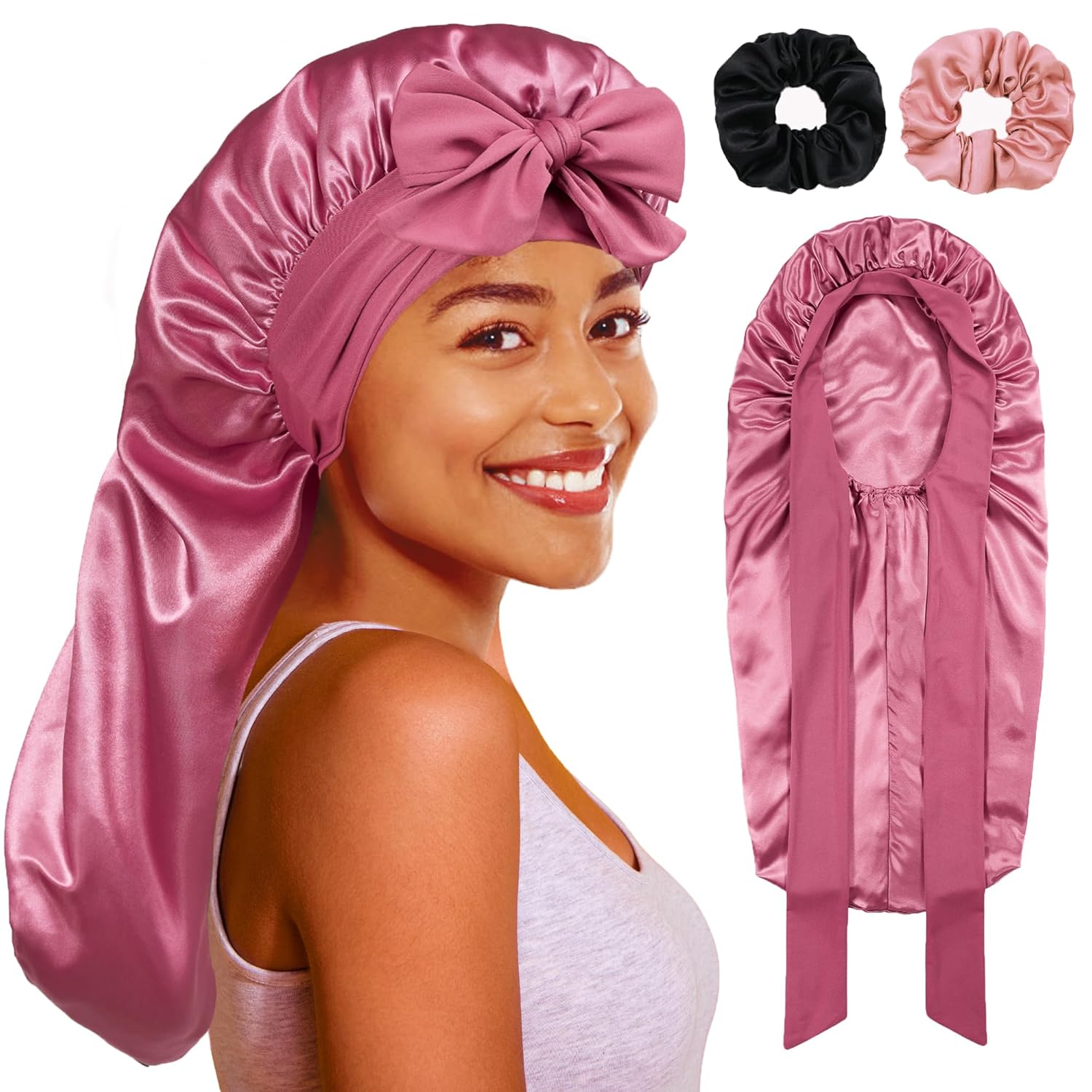 Long Bonnet with Tie Band, Satin Hair Silk Bonnet for Sleeping Women, Sleep Bonnets for Women, Double Layer Silky Sleep Cap for Curly Hair Braids