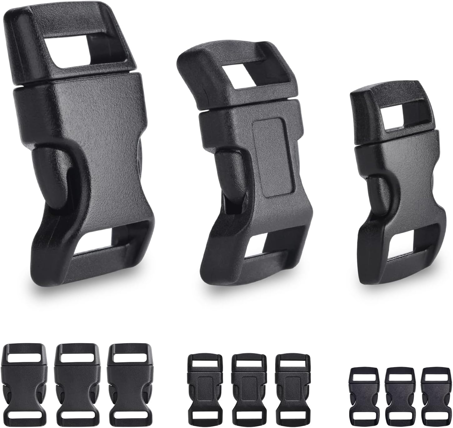 CooBigo 60 Pack Paracord Bracelets Buckles, 5/8, 1/2 and 3/8 Inch Contoured Paracord Buckles, Plastic Side Release Clasp for Parachute 550 Cord Bracelets Clasps Clip Dog Collar Accessories (20 Each)