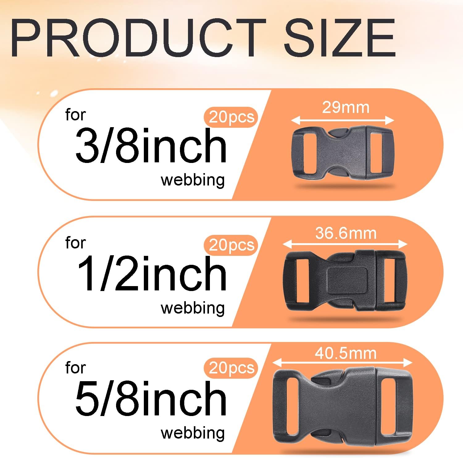 CooBigo 60 Pack Paracord Bracelets Buckles, 5/8, 1/2 and 3/8 Inch Contoured Paracord Buckles, Plastic Side Release Clasp for Parachute 550 Cord Bracelets Clasps Clip Dog Collar Accessories (20 Each)
