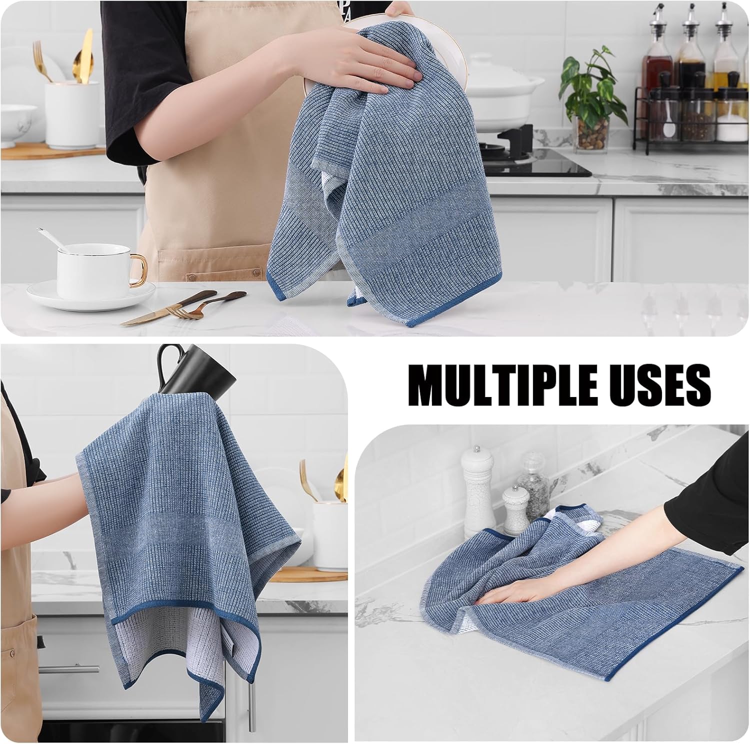 Homaxy Set of 8 Bulk Cotton Terry Kitchen Towels Set, 12 x 12 and 13 x 28 Inches, Checkered Designed and Large Cotton Kitchen Hand Towels(18”x 28”, 6 Pack), Flat and Terry Dish Towels