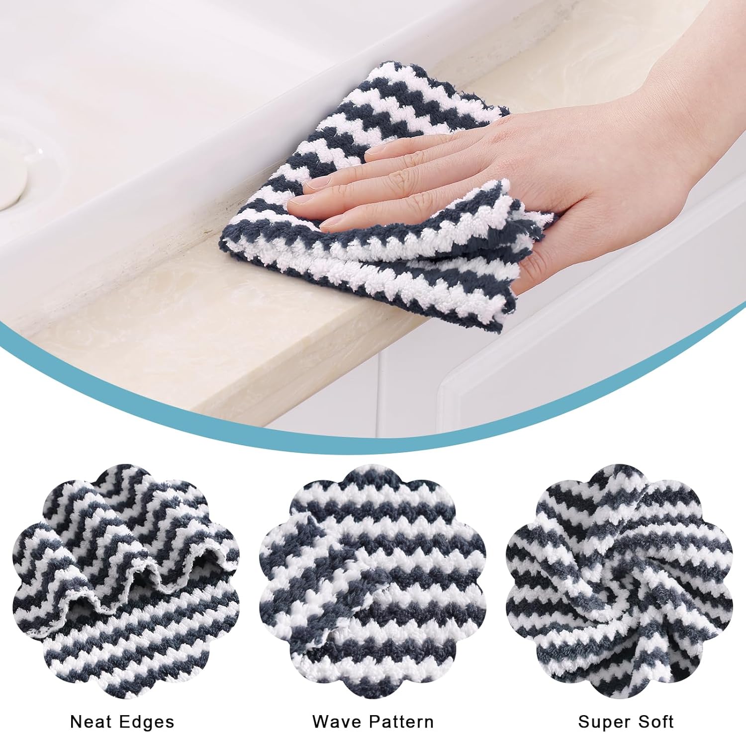 Homaxy 100% Cotton Terry Kitchen Towels(Black, 13 x 28 inches,4 Pack) and Wavy Coral Velvet Kitchen Dish Cloths(Dark Grey, 10 x 10 inches, 12 Pack),Soft and Super Absorbent Dish Towels