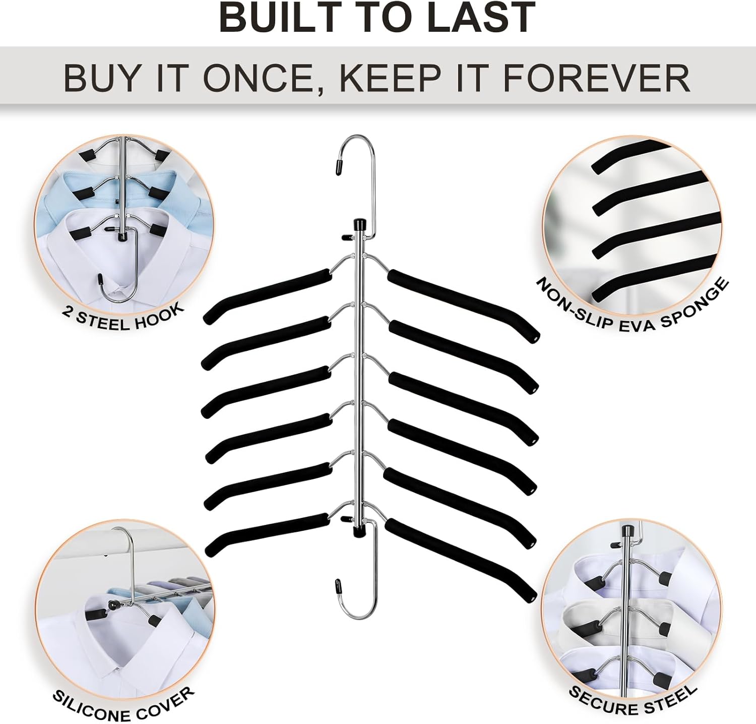 TOPIA HANGER Clothes Hanger Space Saving, 6 Tier Shirt Coat Hangers Space Saving No Bump Shoulder Hangers with No Slip Foam Padded Hangers Closet Organizers and Storage for Men and Women 2 Pack-CT64B