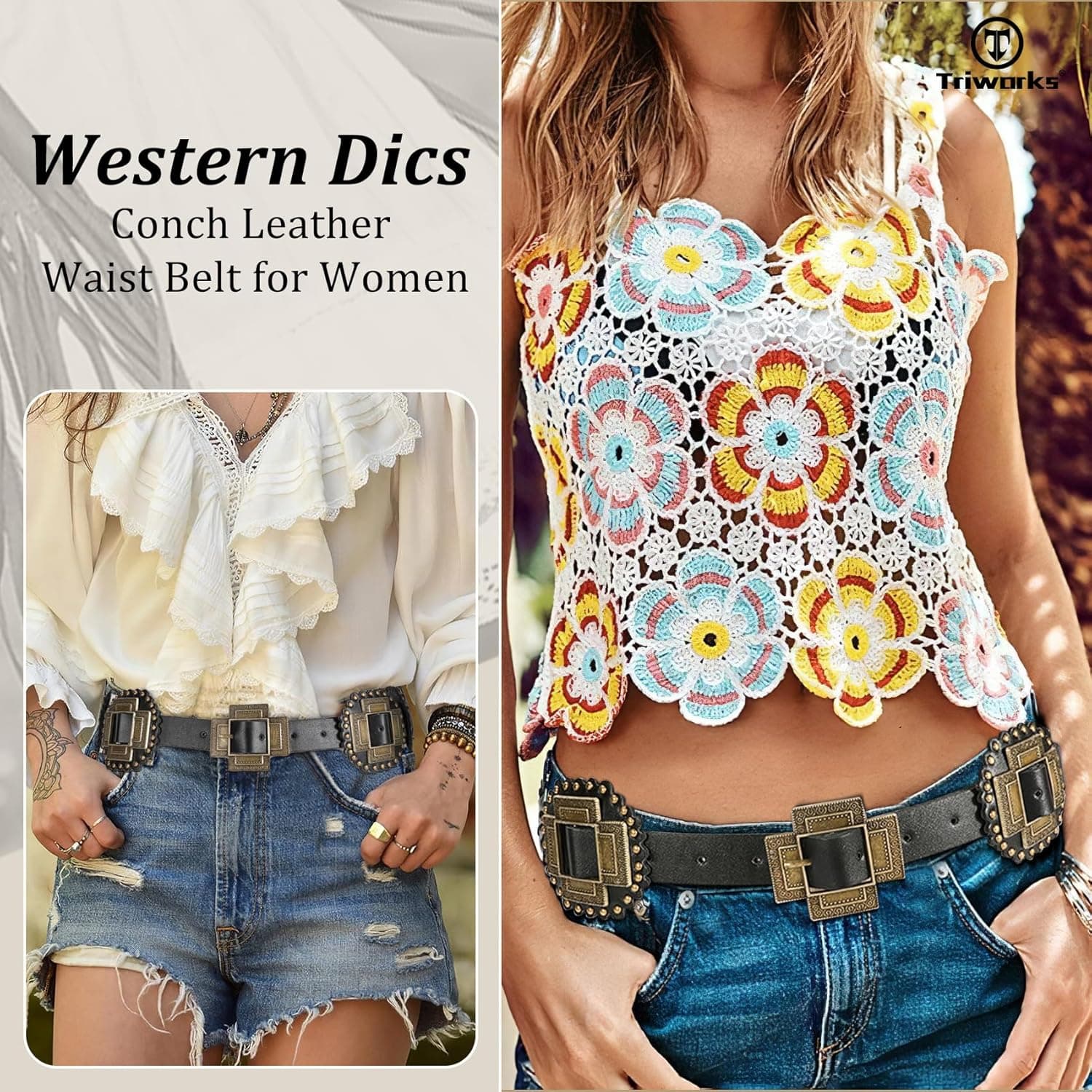Western Concho Leather Belt Chunky Boho Style 1 Inch Width Black