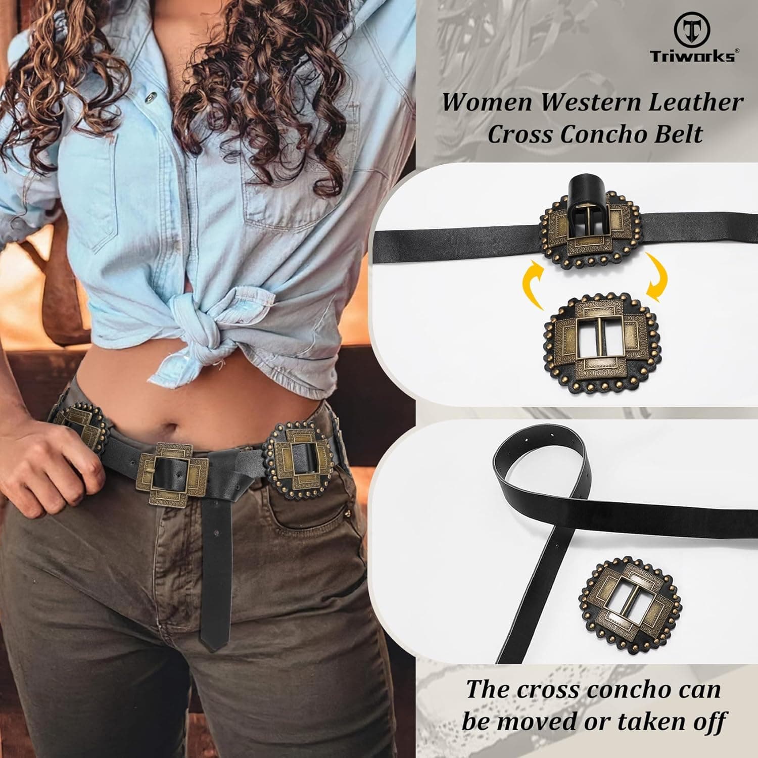 Western Concho Leather Belt Chunky Boho Style 1 Inch Width Black