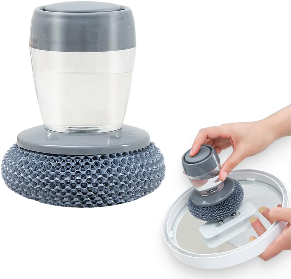 Dish Brh with Soap Dispenser, Soap Dispensing Dish Brh - with PET/Steel Wire Bristles, Kitchen Scrub Brh for Dishes Pots Pans Sinks (PET Head)