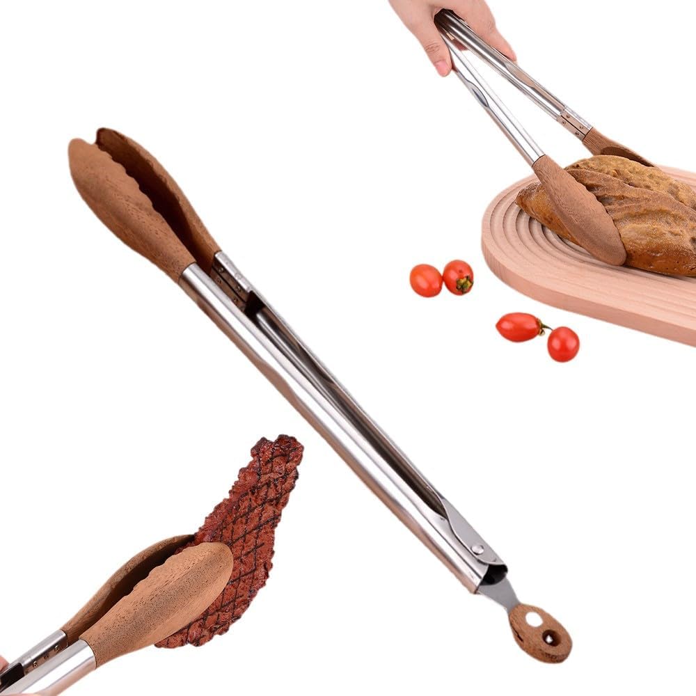 Walnut Wood Tongs for Cooking, Stainless Steel Anti-Slip Long Handle Wood Salad Tongs, Cooking Tong Tools for Serving Food Bbq Kitchen Hoehold (Long 12in)