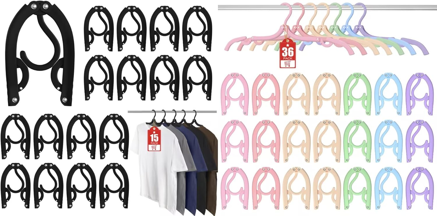 15Pcs Black and 36Pcs Multi Travel Hangers Portable Foldable,Plastic Cruise Ship Essentials Travel Accessories Folding Clothes Hangers Clothes Drying Rack for Traveling Camping Flying RV Suitcase