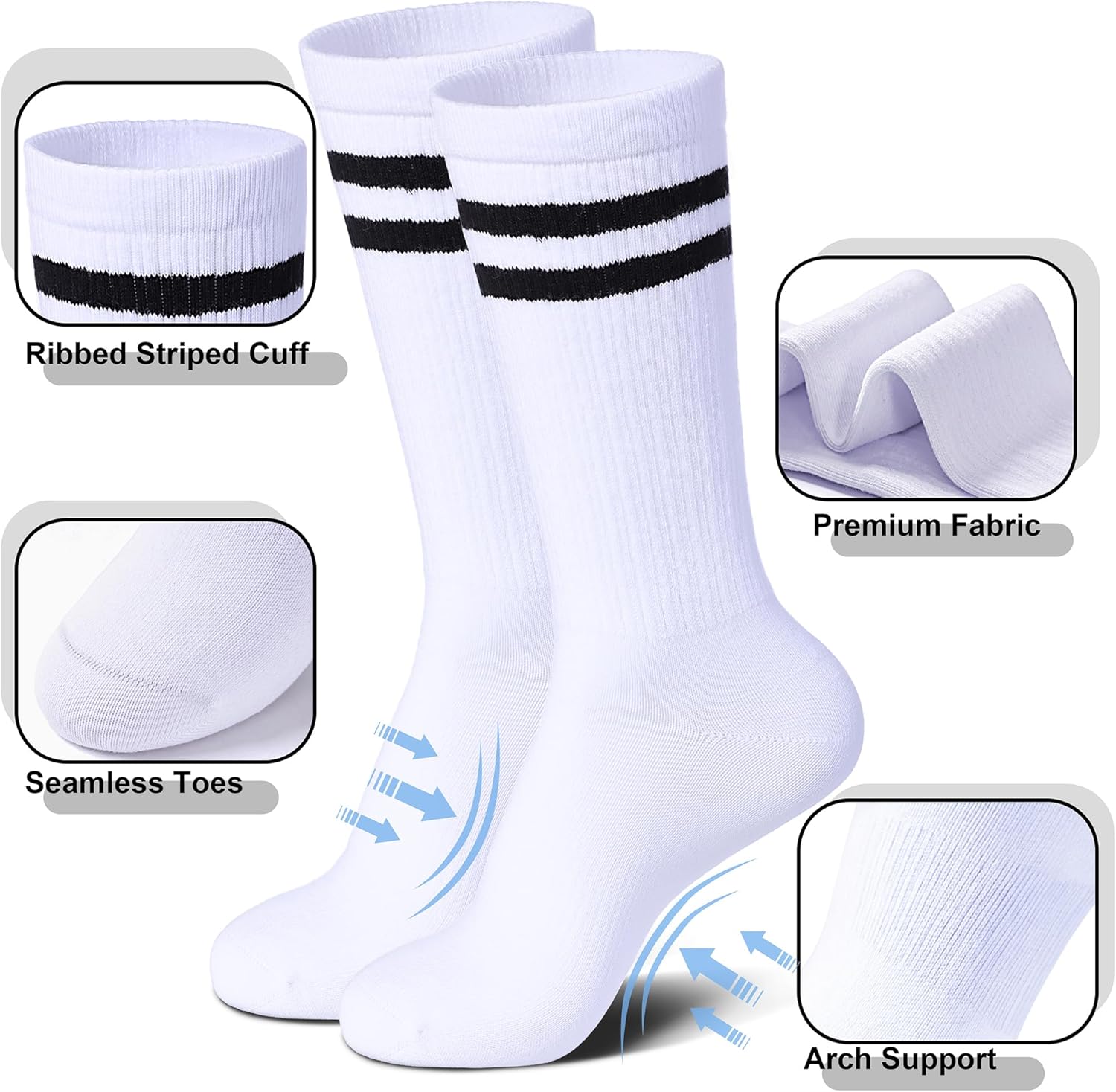 Womens Striped Socks Cotton Athletic Running Chioned Calf Socks Casual School Style 3 Pairs